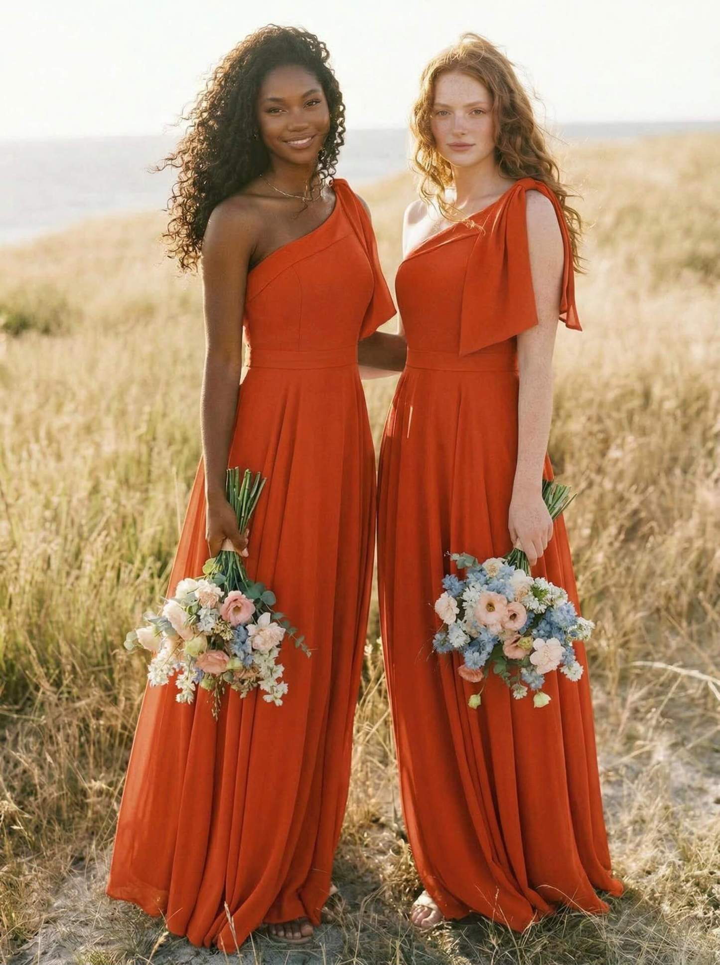 A-Line One-Shoulder Sleeveless Floor-Length Chiffon Bridesmaid Dresses With Bow(s)/Pockets, product image 126
