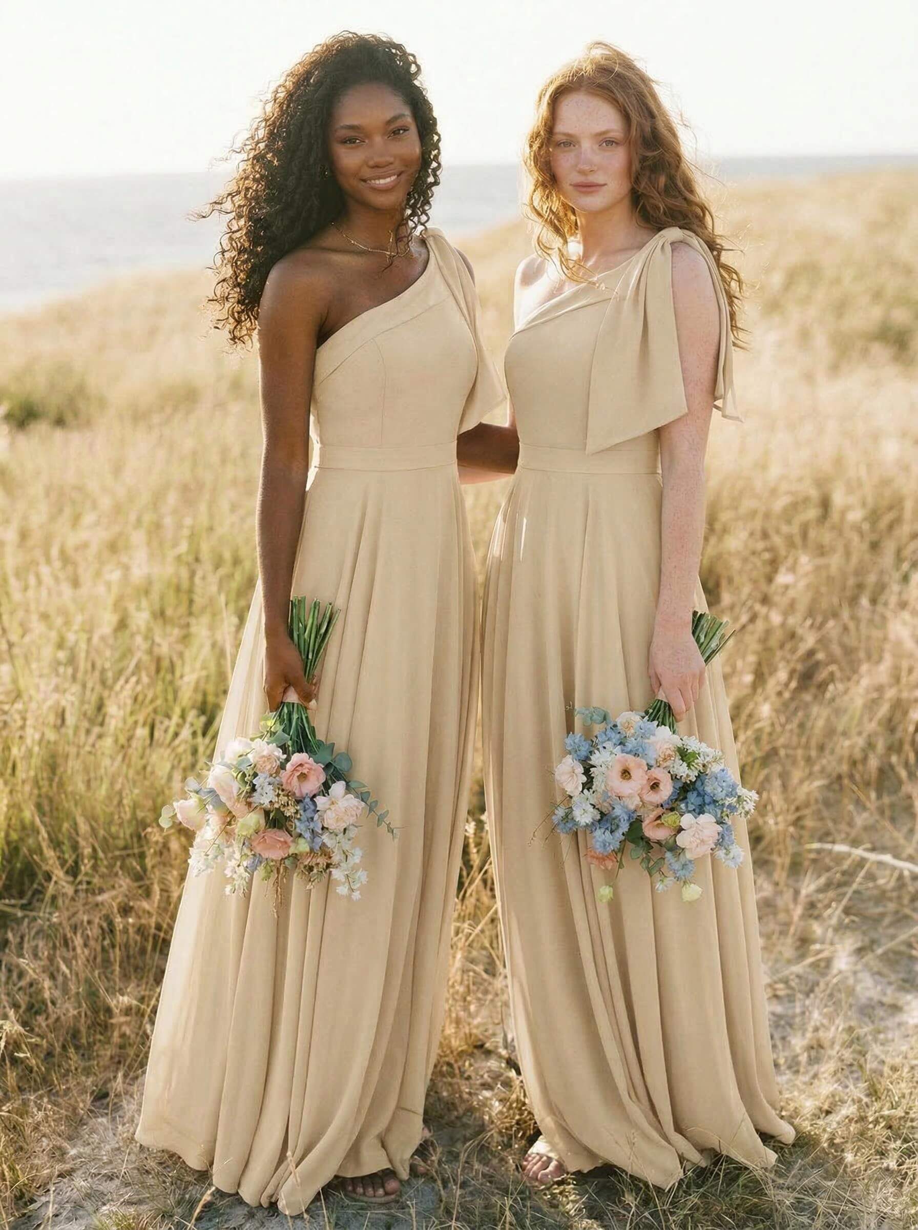 A-Line One-Shoulder Sleeveless Floor-Length Chiffon Bridesmaid Dresses With Bow(s)/Pockets, product image 98