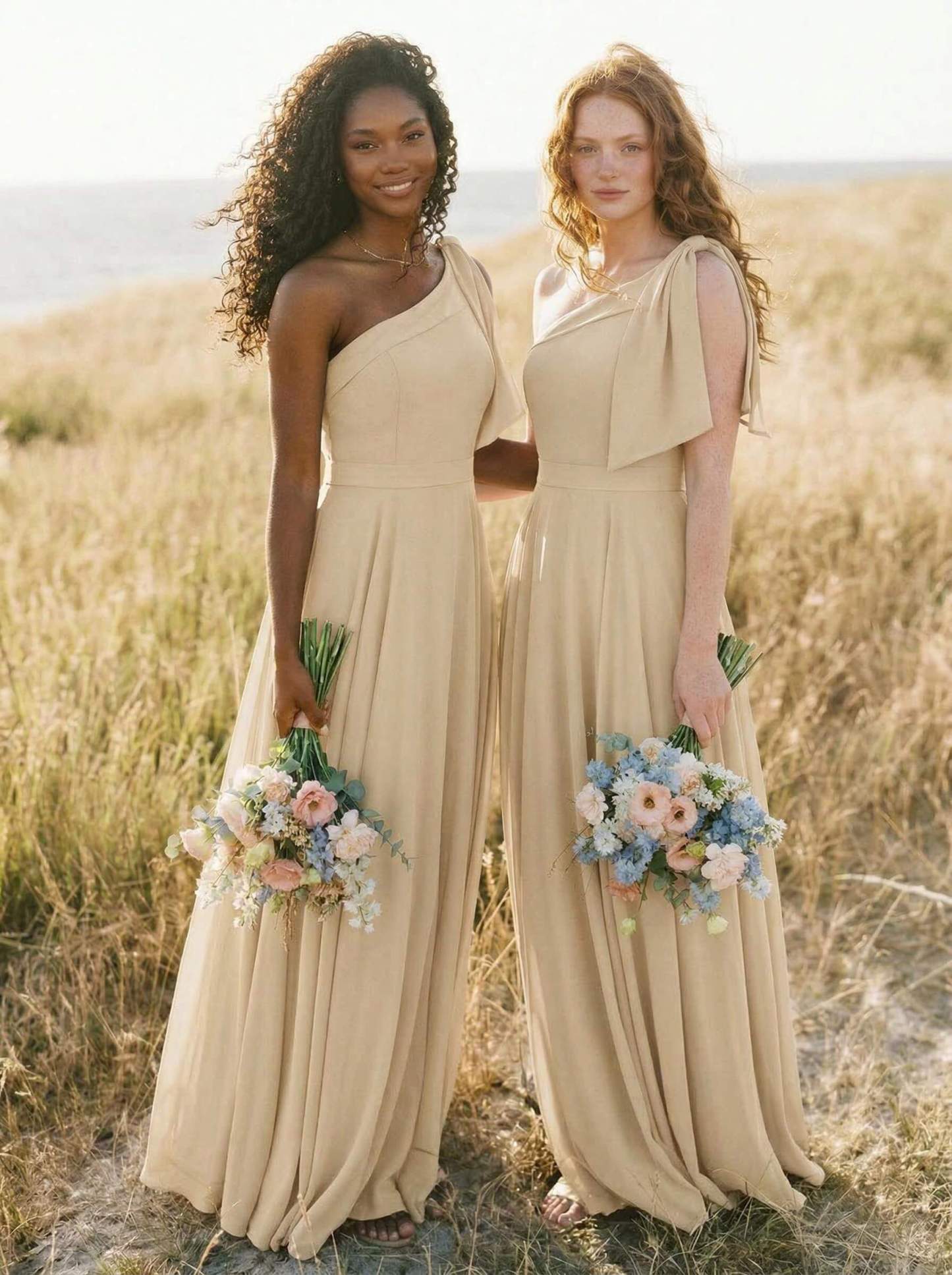A-Line One-Shoulder Sleeveless Floor-Length Chiffon Bridesmaid Dresses With Bow(s)/Pockets, product image 98