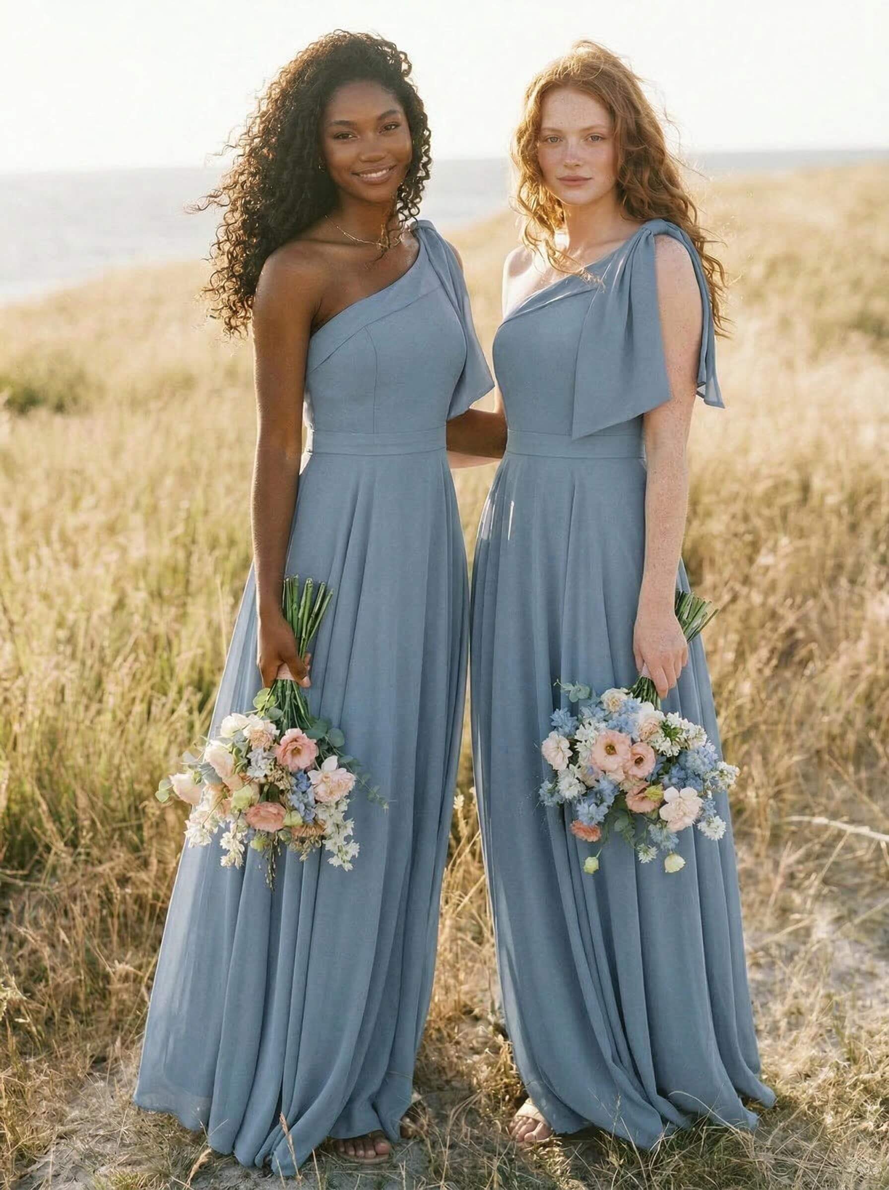 A-Line One-Shoulder Sleeveless Floor-Length Chiffon Bridesmaid Dresses With Bow(s)/Pockets, product image 10