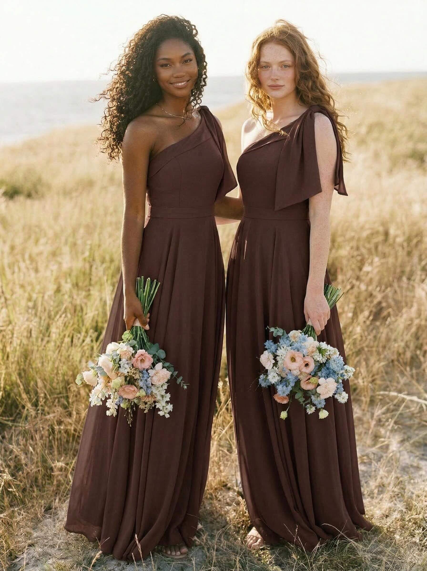 A-Line One-Shoulder Sleeveless Floor-Length Chiffon Bridesmaid Dresses With Bow(s)/Pockets, product image 110