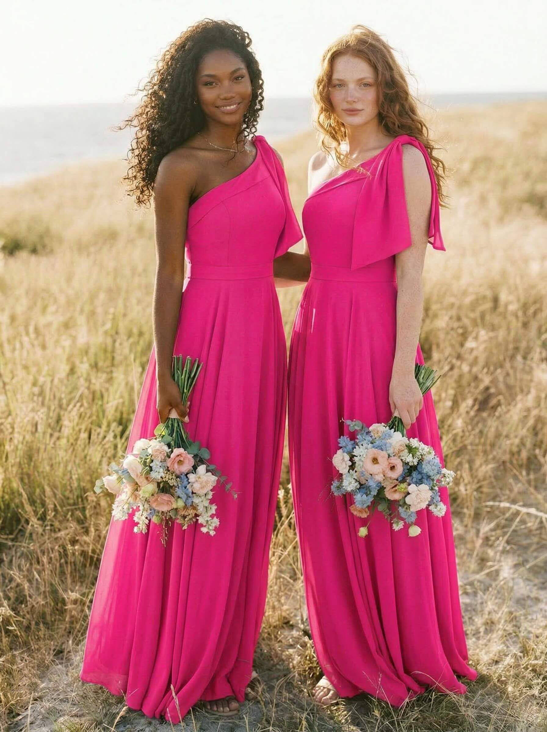 A-Line One-Shoulder Sleeveless Floor-Length Chiffon Bridesmaid Dresses With Bow(s)/Pockets, product image 76