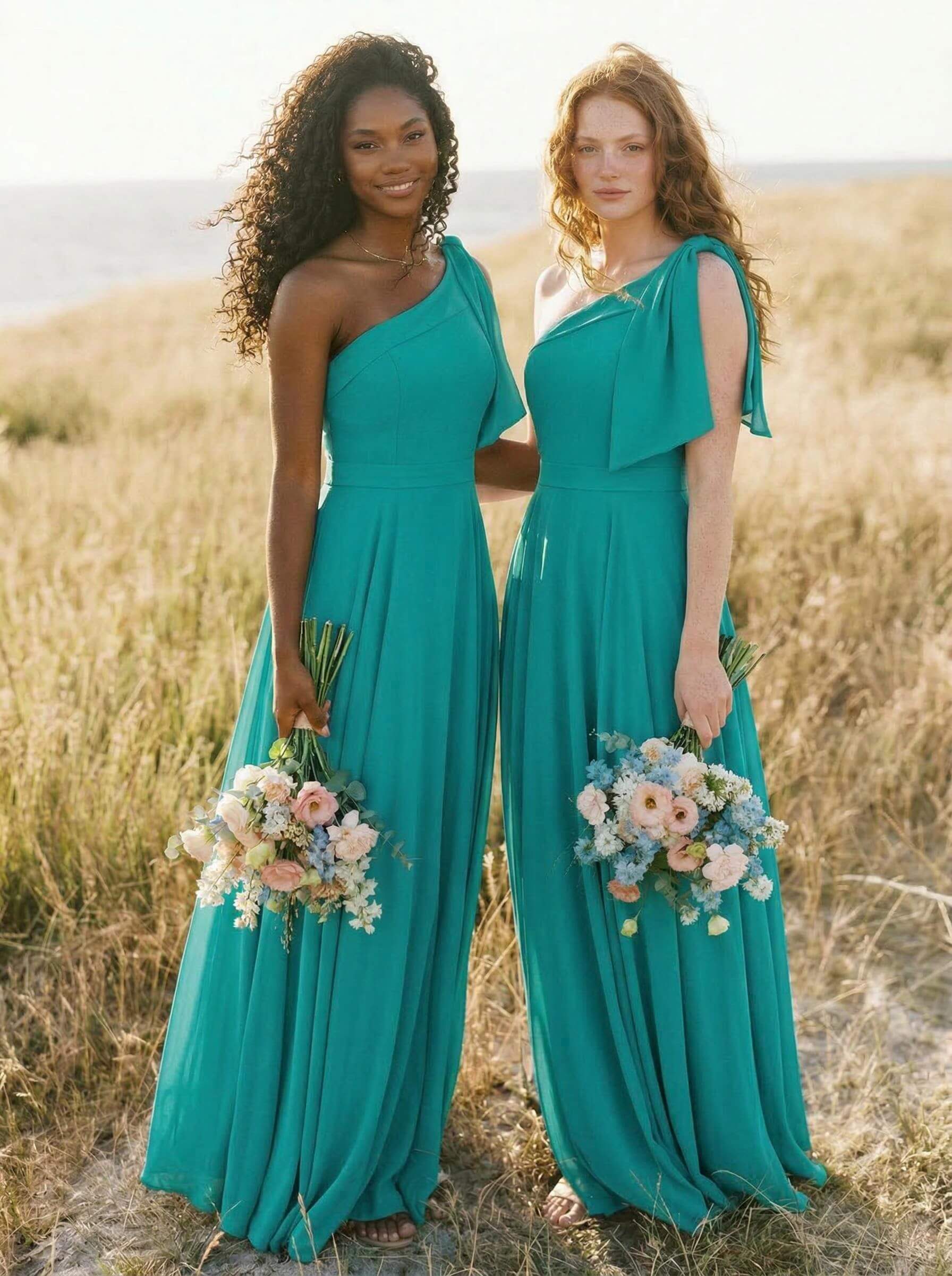 A-Line One-Shoulder Sleeveless Floor-Length Chiffon Bridesmaid Dresses With Bow(s)/Pockets, product image 88