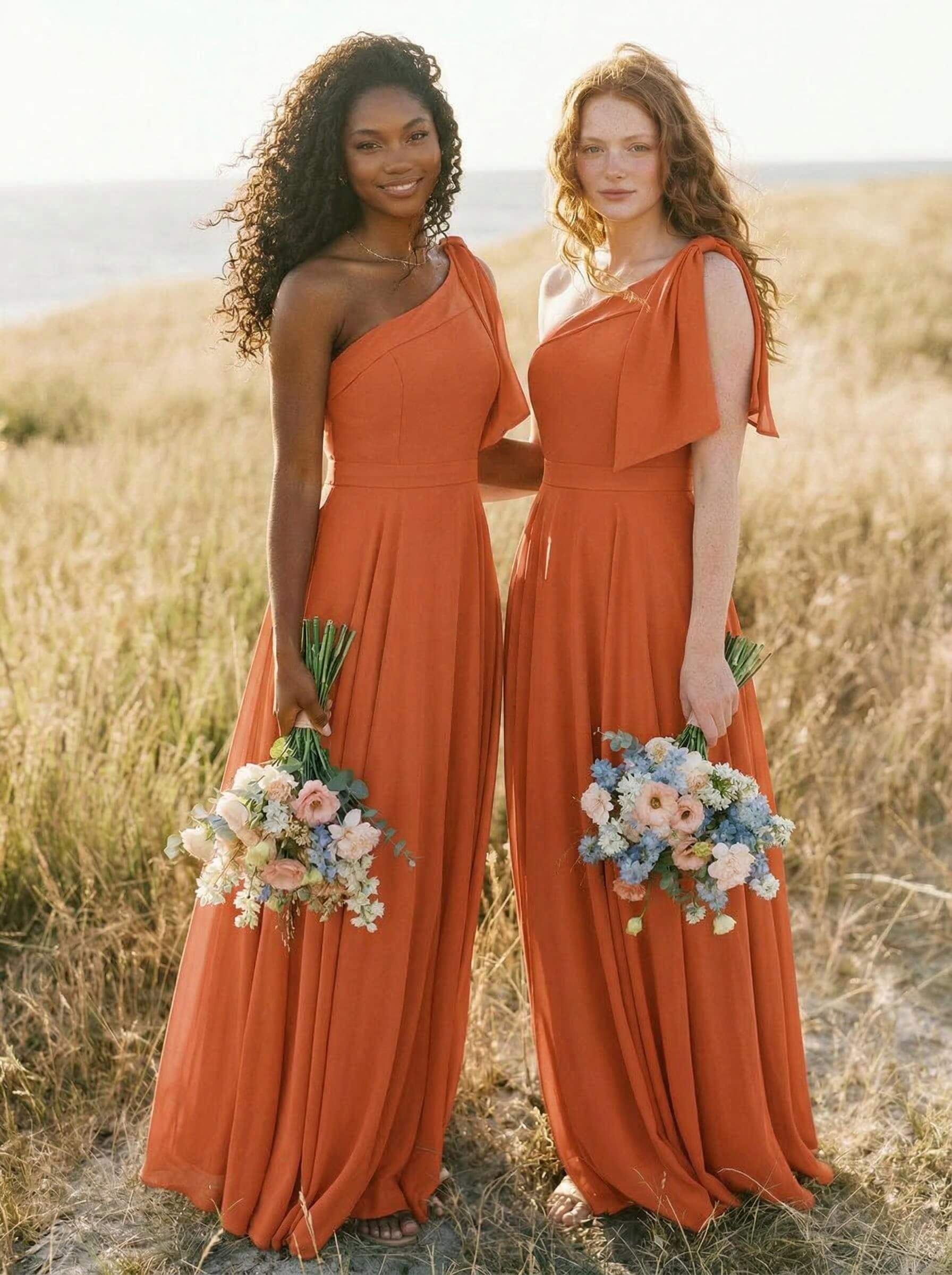 A-Line One-Shoulder Sleeveless Floor-Length Chiffon Bridesmaid Dresses With Bow(s)/Pockets, product image 106
