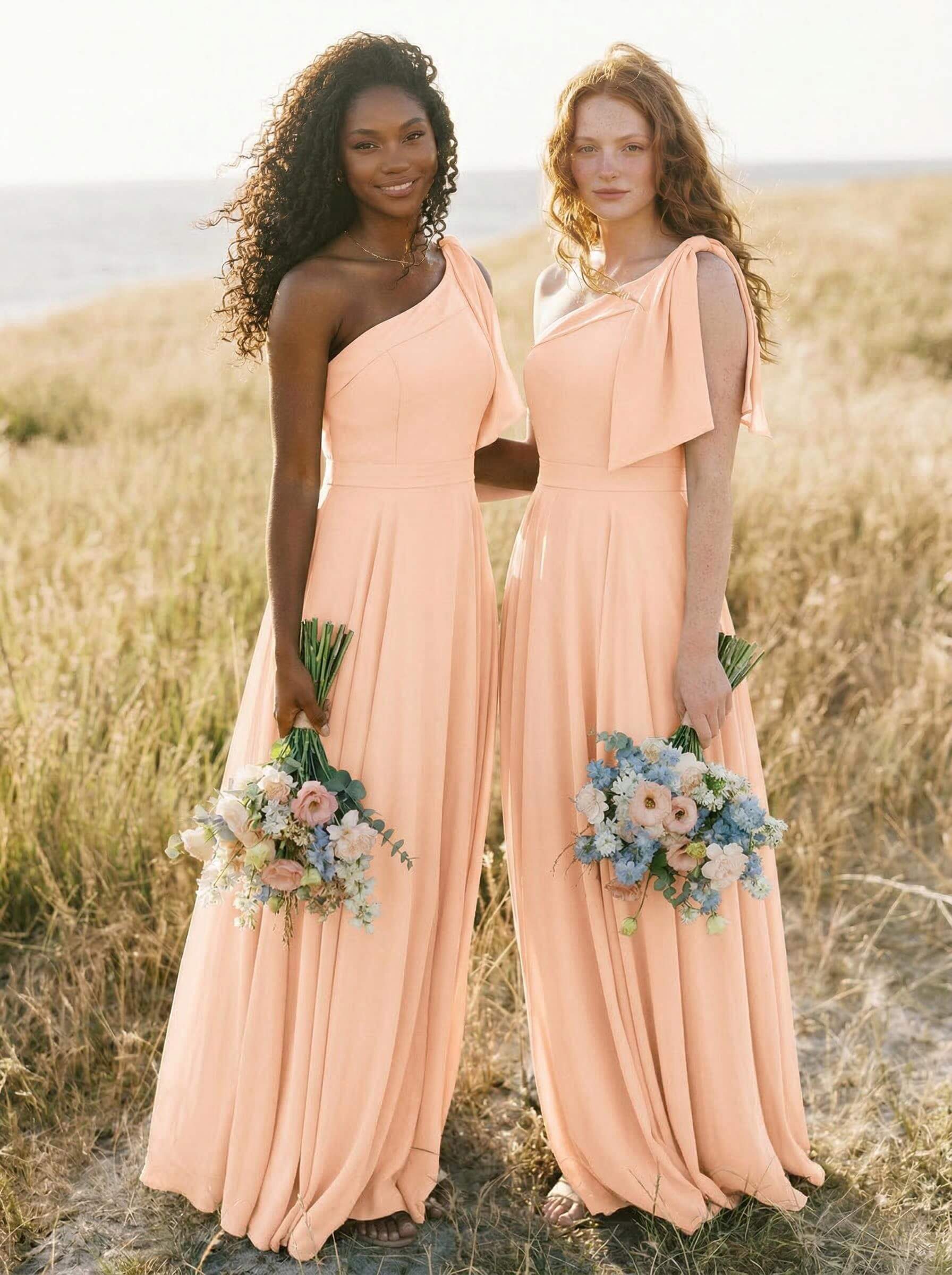 A-Line One-Shoulder Sleeveless Floor-Length Chiffon Bridesmaid Dresses With Bow(s)/Pockets, product image 44