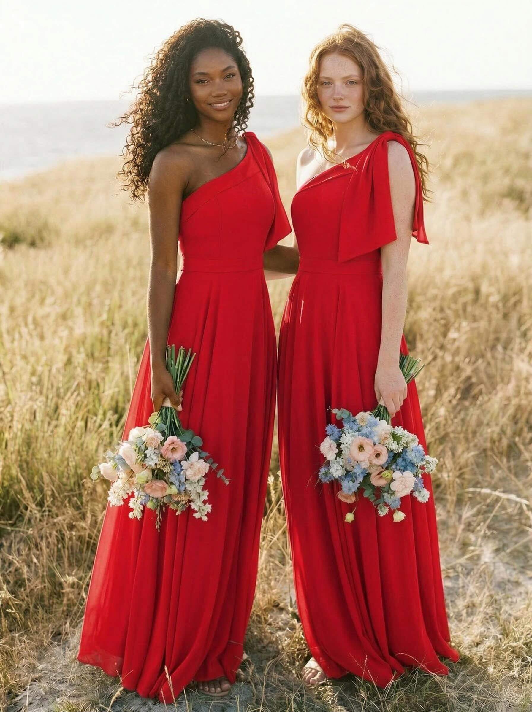 A-Line One-Shoulder Sleeveless Floor-Length Chiffon Bridesmaid Dresses With Bow(s)/Pockets, product image 36
