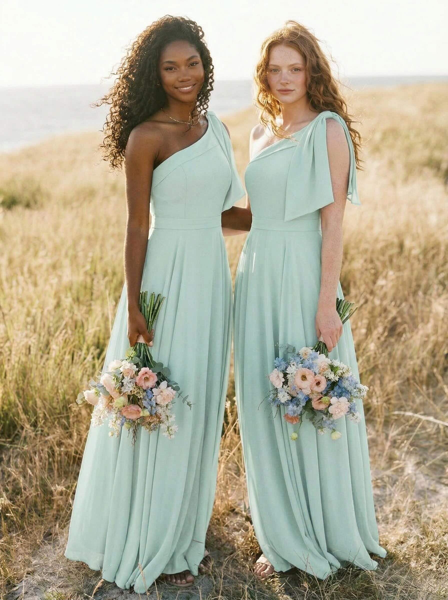 A-Line One-Shoulder Sleeveless Floor-Length Chiffon Bridesmaid Dresses With Bow(s)/Pockets, product image 92
