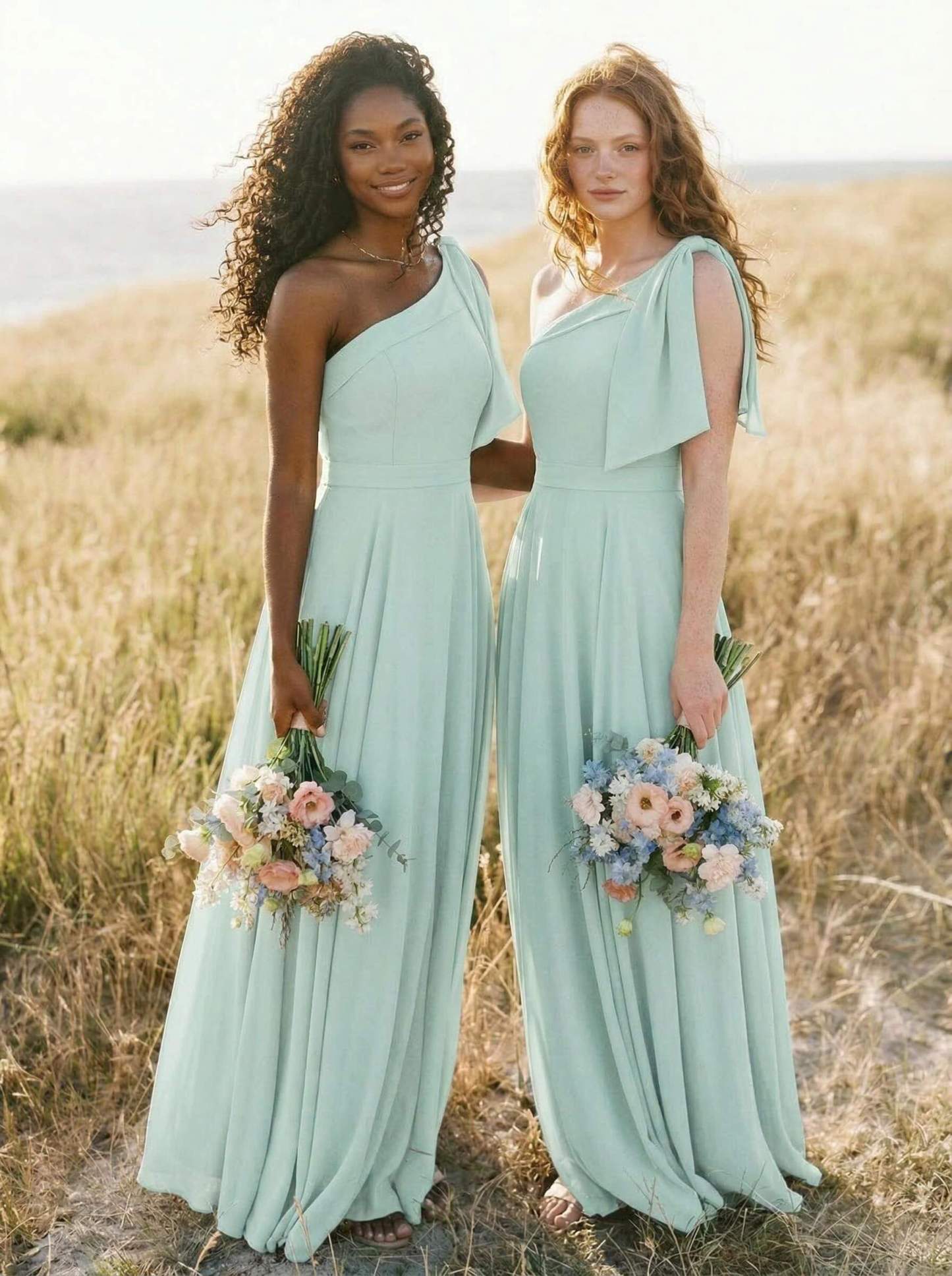 A-Line One-Shoulder Sleeveless Floor-Length Chiffon Bridesmaid Dresses With Bow(s)/Pockets, product image 92