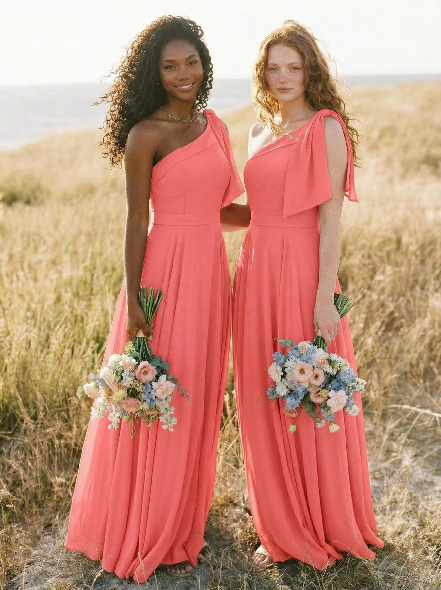 A-Line One-Shoulder Sleeveless Floor-Length Chiffon Bridesmaid Dresses With Bow(s)/Pockets, product image 40