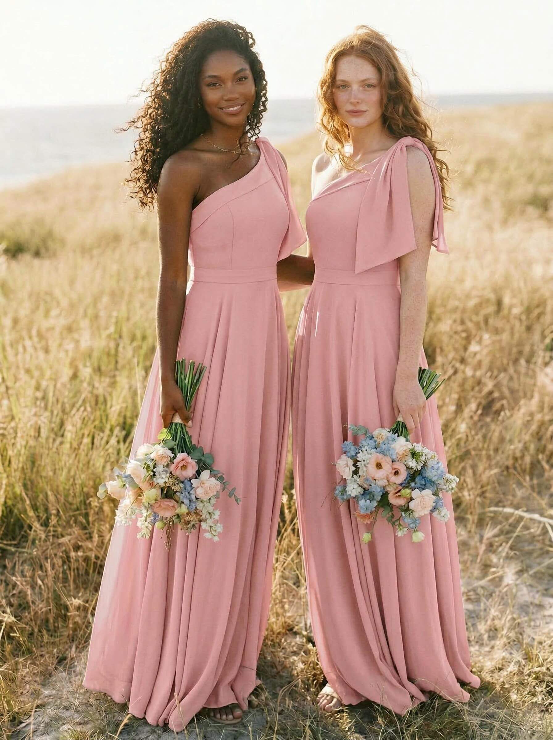 A-Line One-Shoulder Sleeveless Floor-Length Chiffon Bridesmaid Dresses With Bow(s)/Pockets, product image 46
