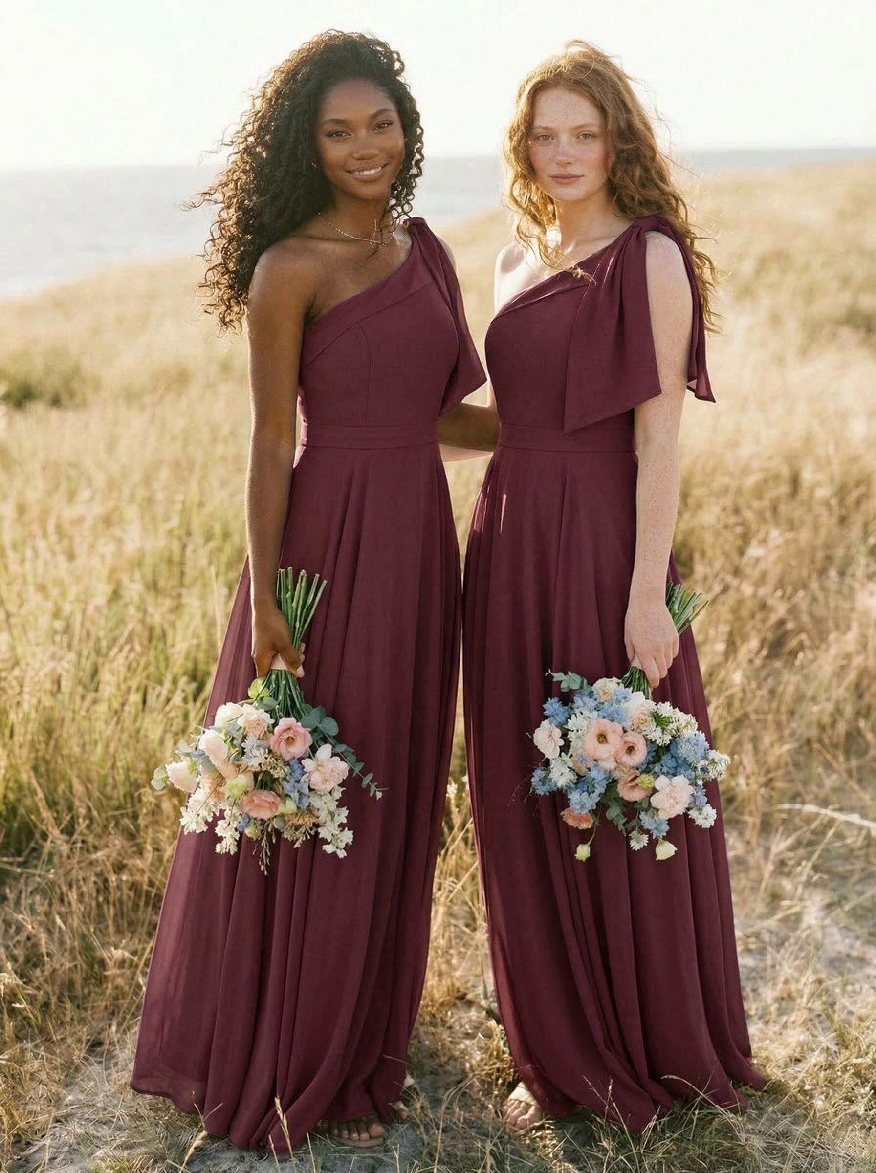 A-Line One-Shoulder Sleeveless Floor-Length Chiffon Bridesmaid Dresses With Bow(s)/Pockets, product image 28