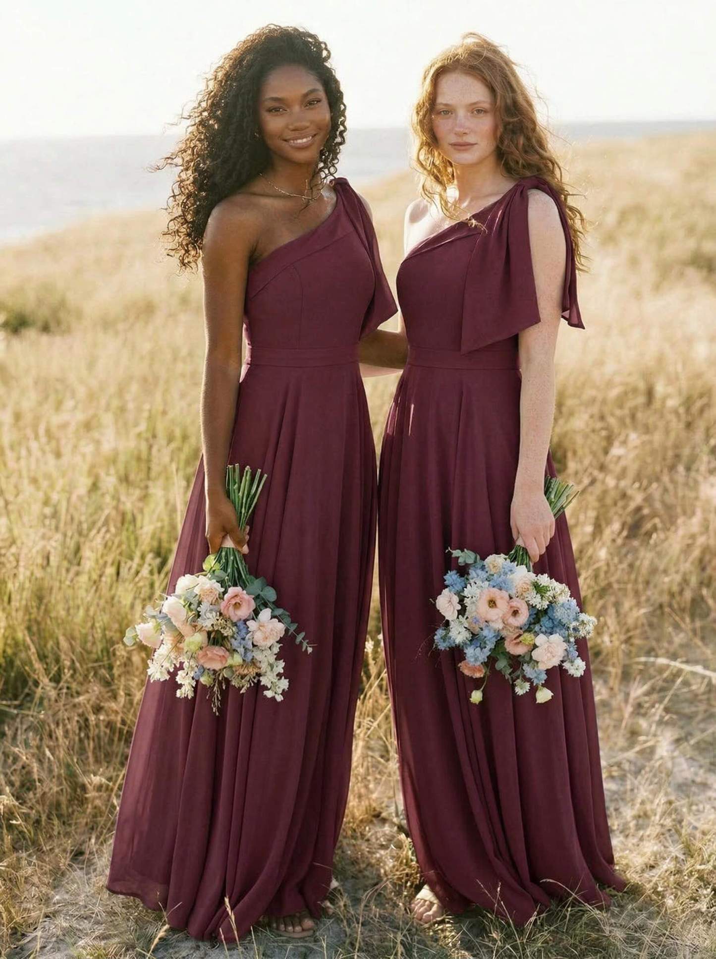 A-Line One-Shoulder Sleeveless Floor-Length Chiffon Bridesmaid Dresses With Bow(s)/Pockets, product image 28
