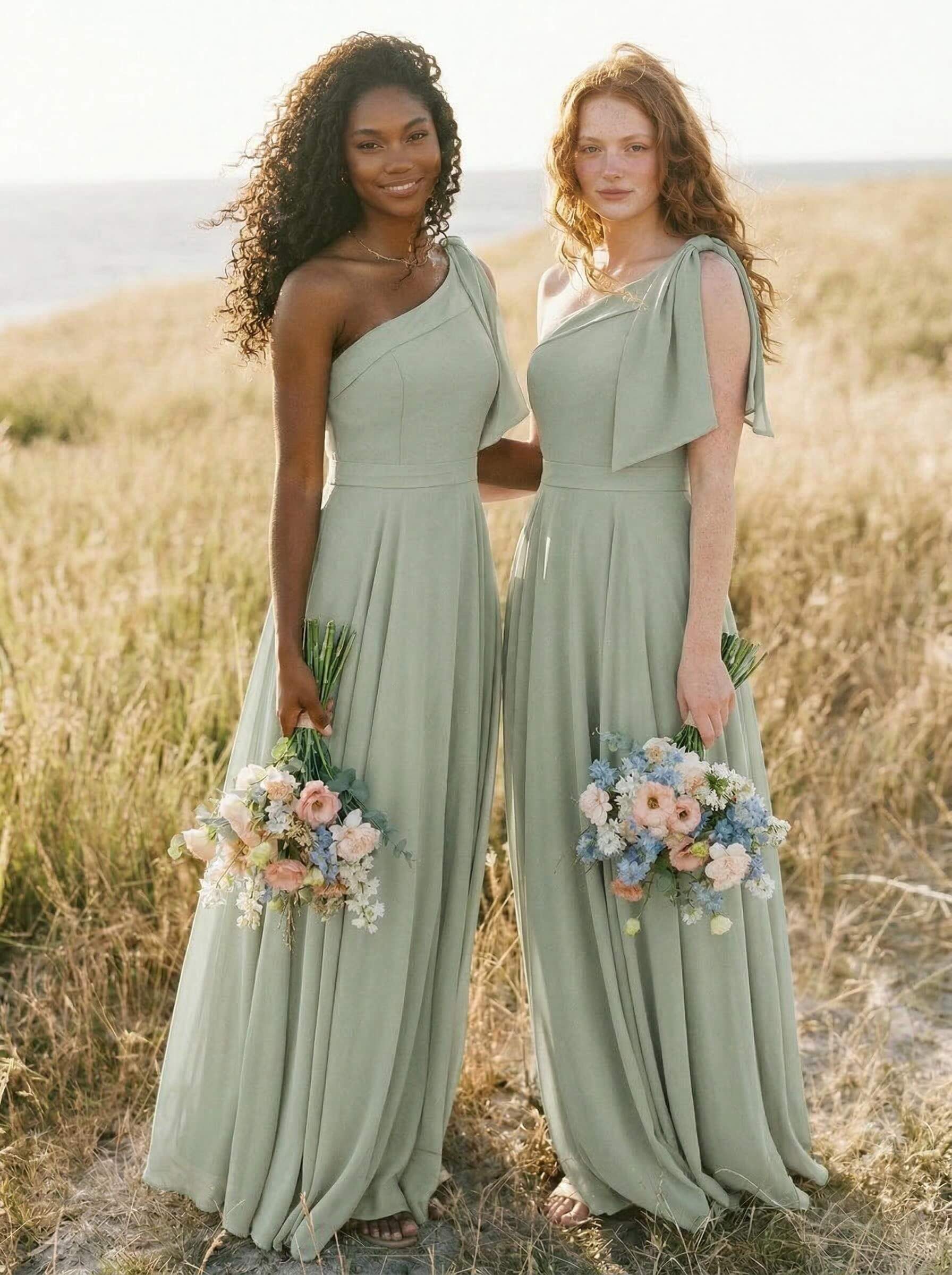 A-Line One-Shoulder Sleeveless Floor-Length Chiffon Bridesmaid Dresses With Bow(s)/Pockets, product image 90