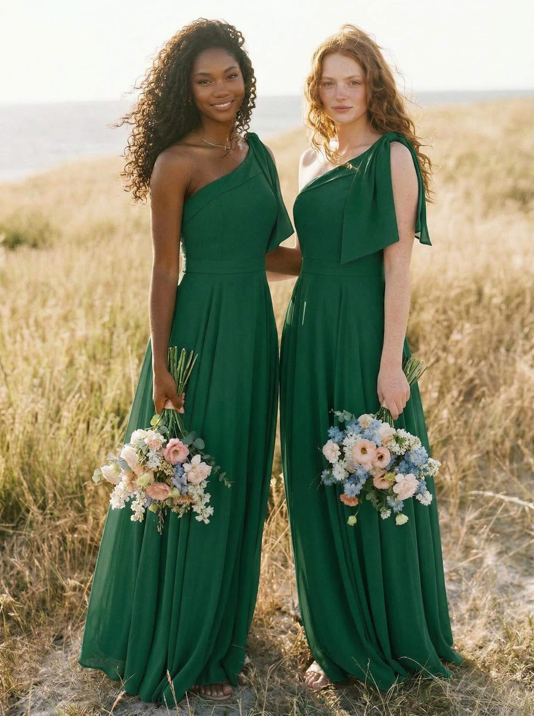 A-Line One-Shoulder Sleeveless Floor-Length Chiffon Bridesmaid Dresses With Bow(s)/Pockets, product image 132