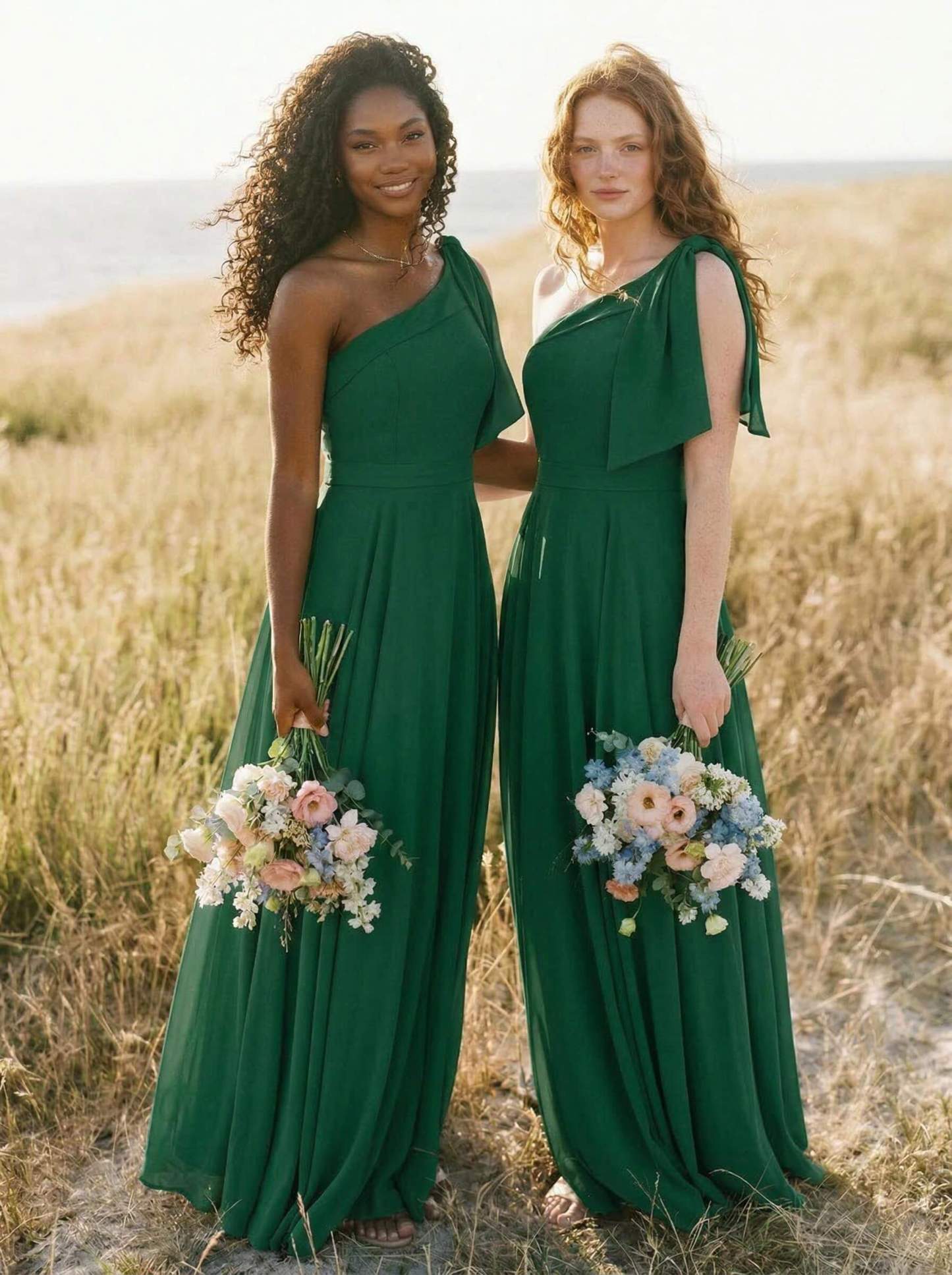 A-Line One-Shoulder Sleeveless Floor-Length Chiffon Bridesmaid Dresses With Bow(s)/Pockets, product image 132