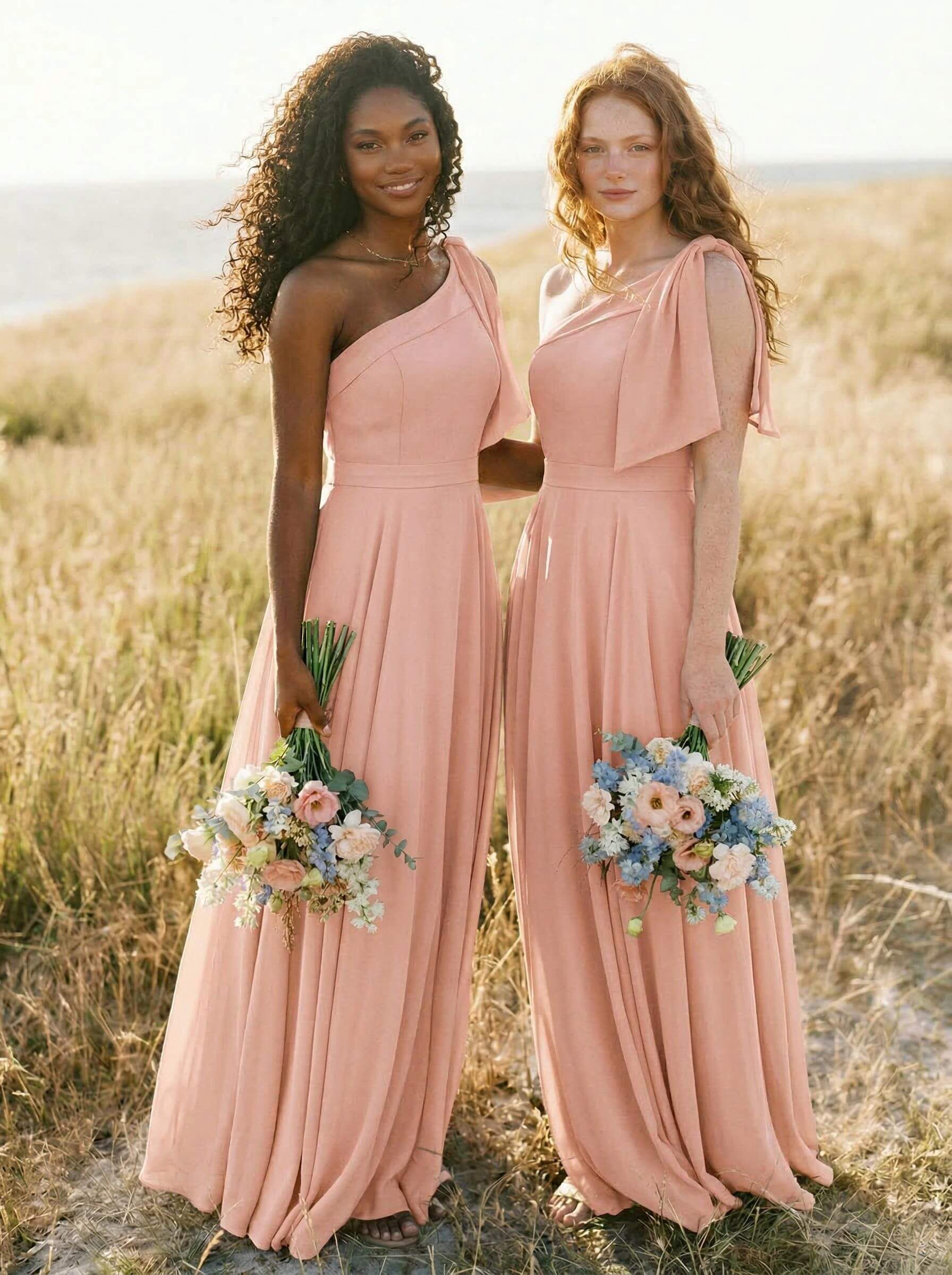A-Line One-Shoulder Sleeveless Floor-Length Chiffon Bridesmaid Dresses With Bow(s)/Pockets, product image 42