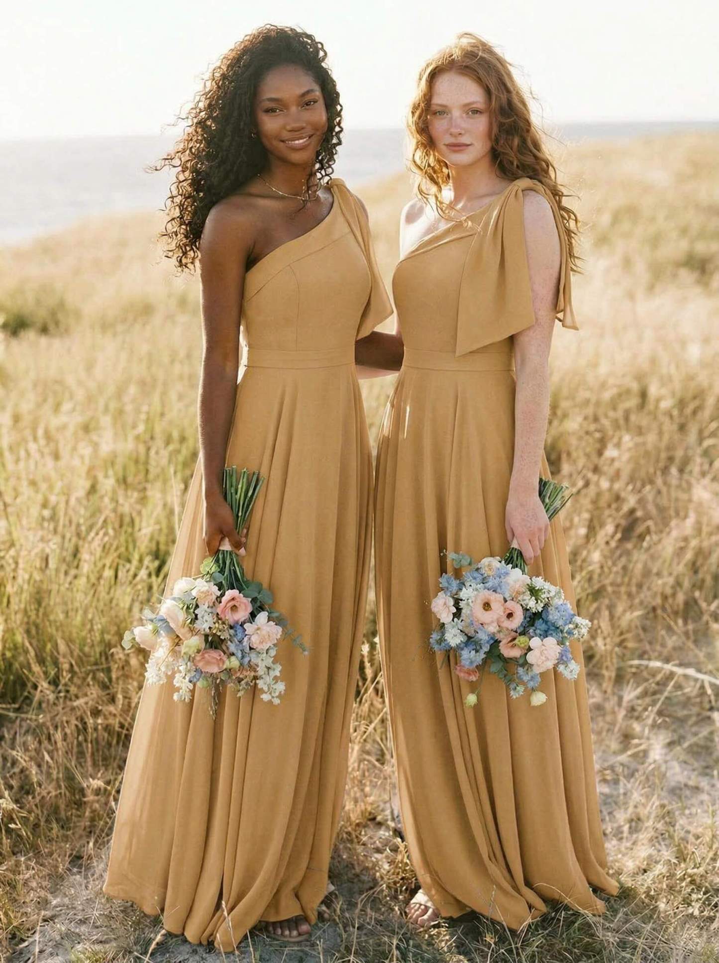 A-Line One-Shoulder Sleeveless Floor-Length Chiffon Bridesmaid Dresses With Bow(s)/Pockets, product image 104