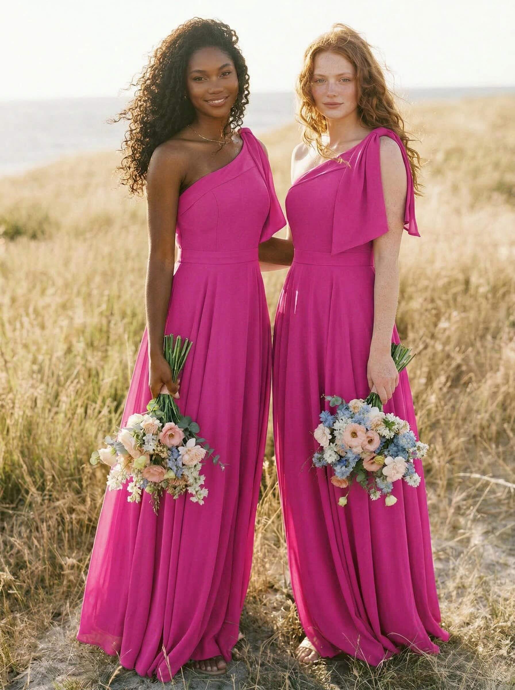 A-Line One-Shoulder Sleeveless Floor-Length Chiffon Bridesmaid Dresses With Bow(s)/Pockets, product image 78