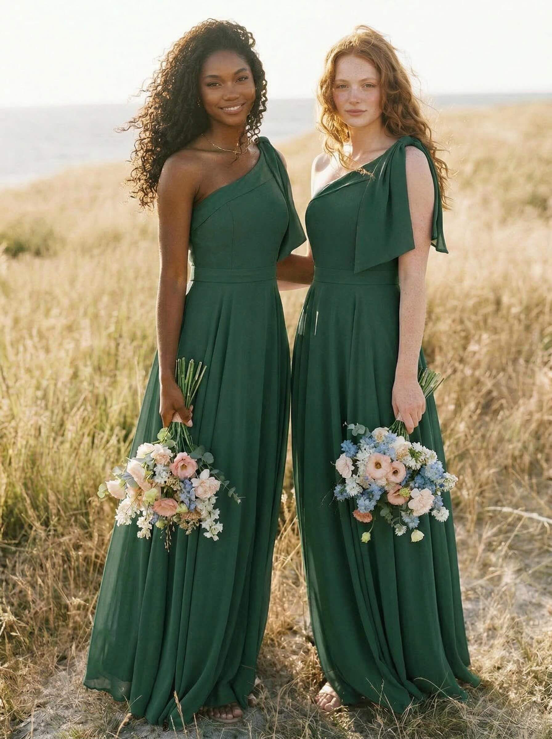 A-Line One-Shoulder Sleeveless Floor-Length Chiffon Bridesmaid Dresses With Bow(s)/Pockets, product image 84