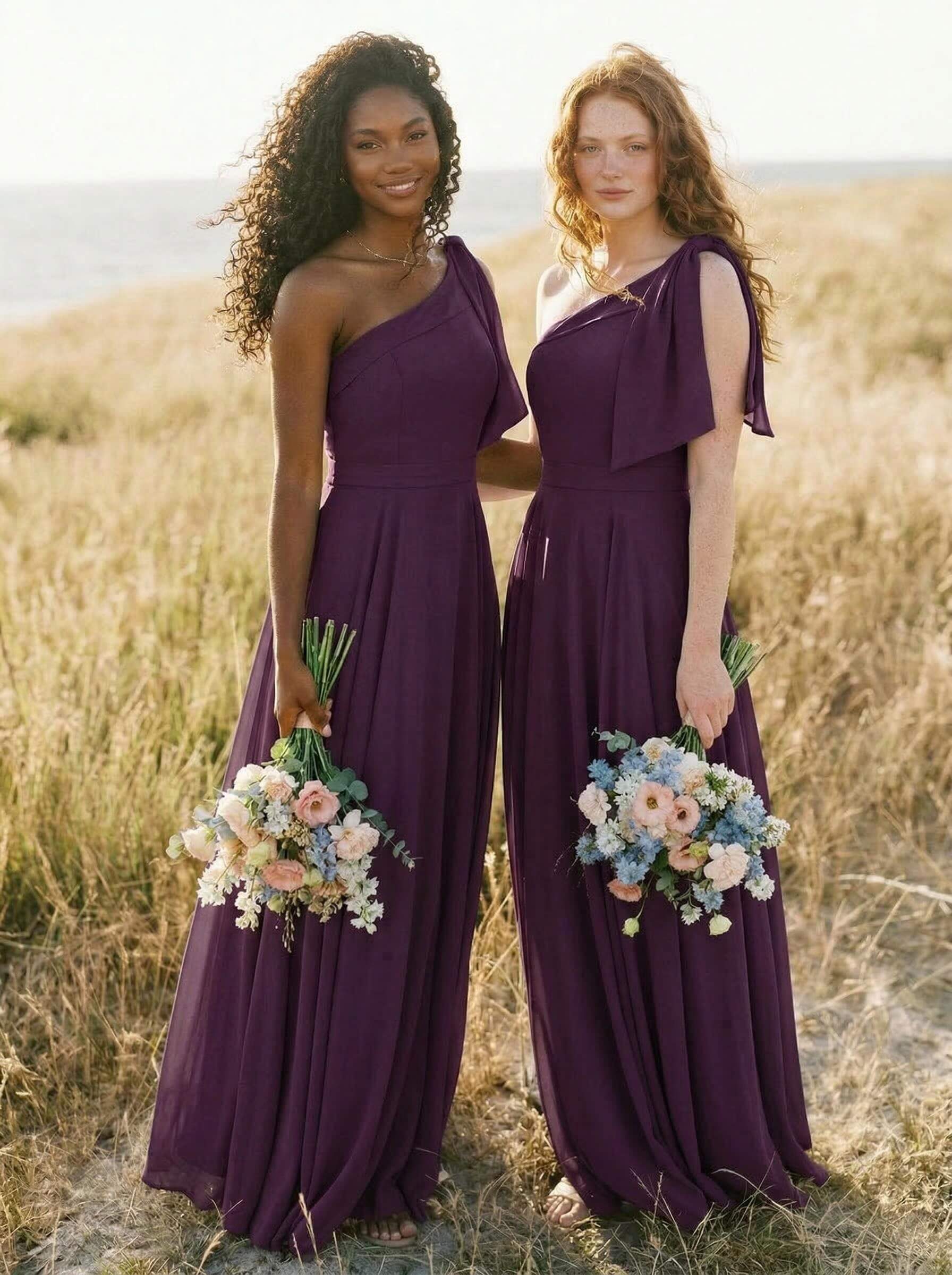 A-Line One-Shoulder Sleeveless Floor-Length Chiffon Bridesmaid Dresses With Bow(s)/Pockets, product image 72