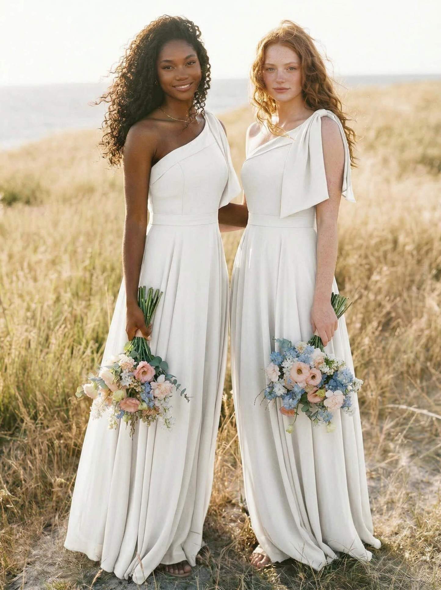 A-Line One-Shoulder Sleeveless Floor-Length Chiffon Bridesmaid Dresses With Bow(s)/Pockets, product image 112