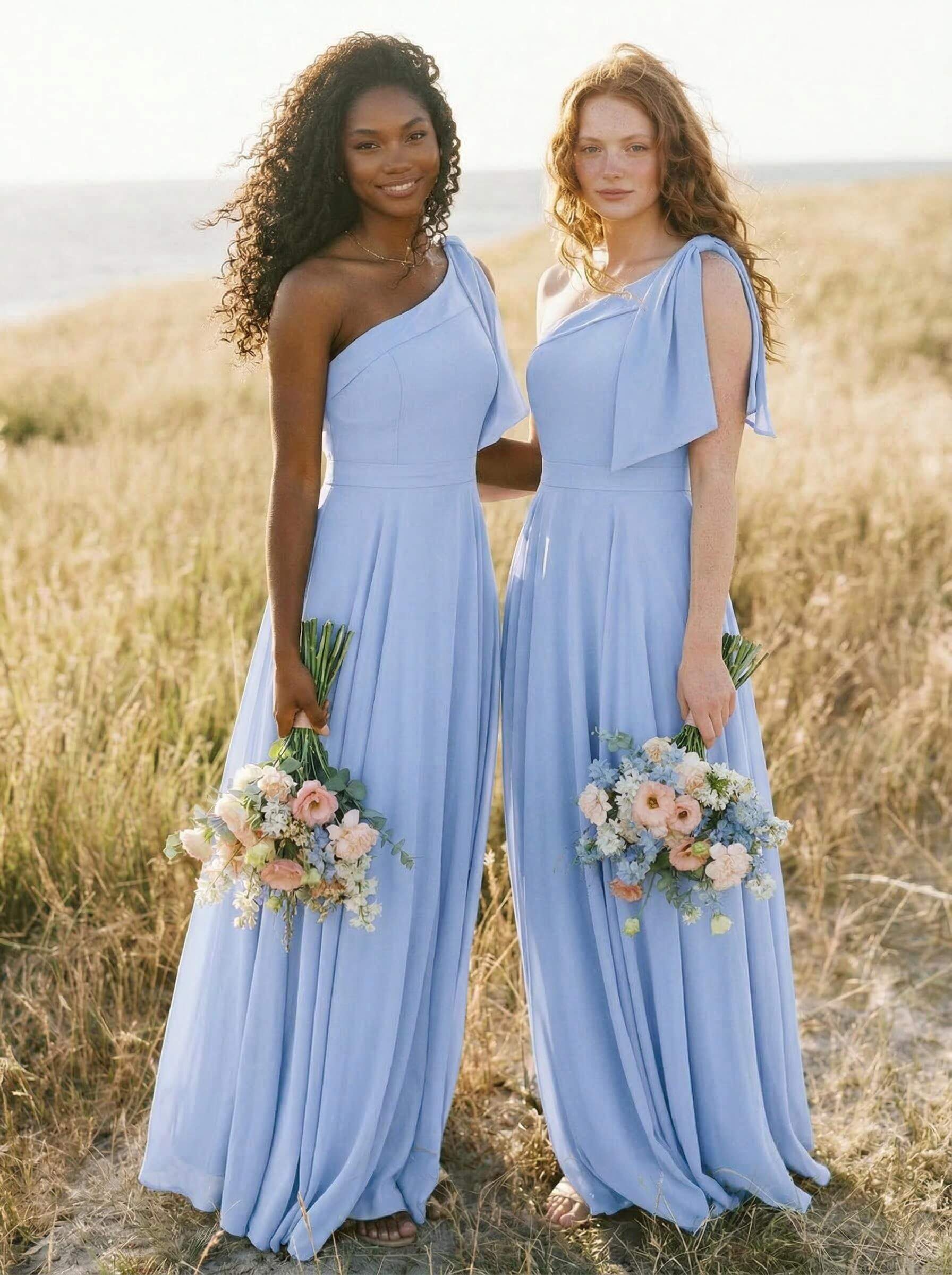 A-Line One-Shoulder Sleeveless Floor-Length Chiffon Bridesmaid Dresses With Bow(s)/Pockets, product image 66