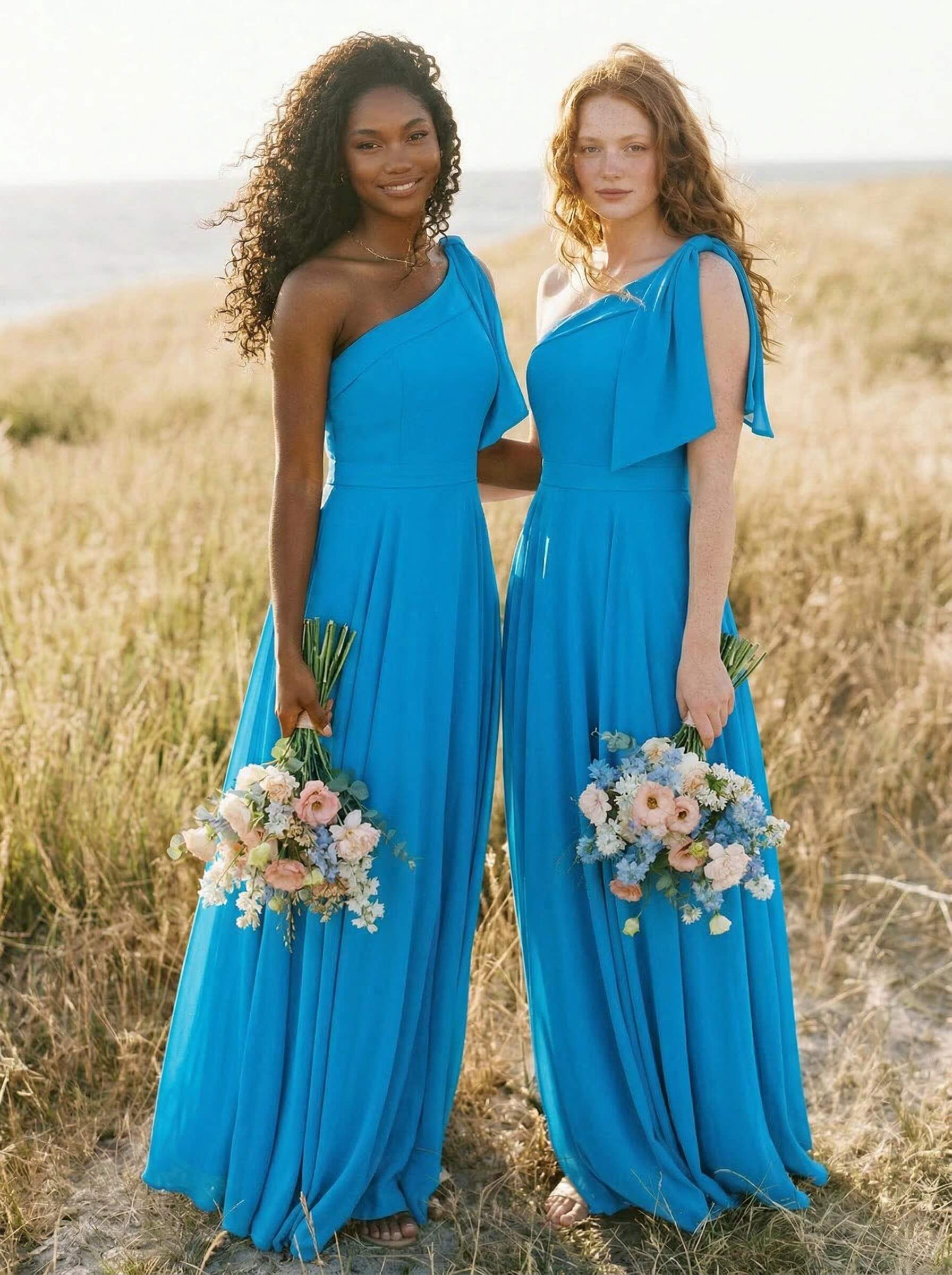 A-Line One-Shoulder Sleeveless Floor-Length Chiffon Bridesmaid Dresses With Bow(s)/Pockets, product image 18