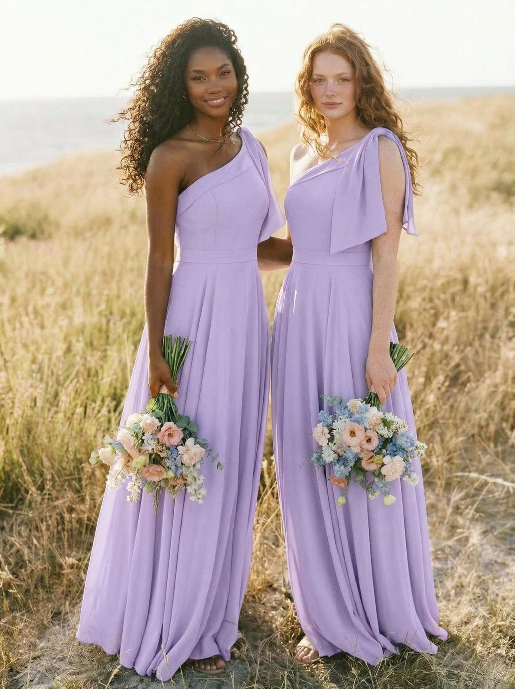 A-Line One-Shoulder Sleeveless Floor-Length Chiffon Bridesmaid Dresses With Bow(s)/Pockets, product image 64