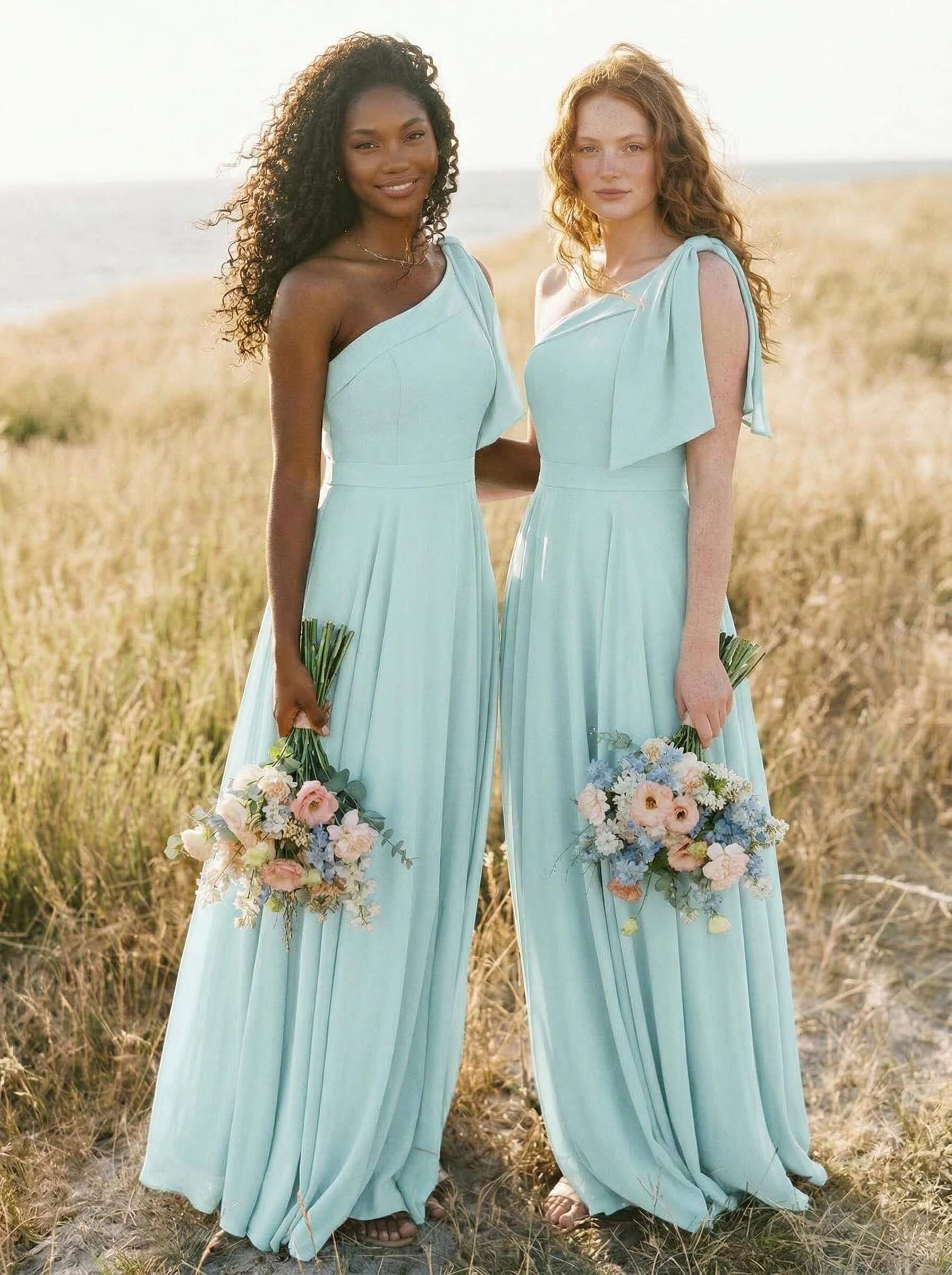 A-Line One-Shoulder Sleeveless Floor-Length Chiffon Bridesmaid Dresses With Bow(s)/Pockets, product image 26
