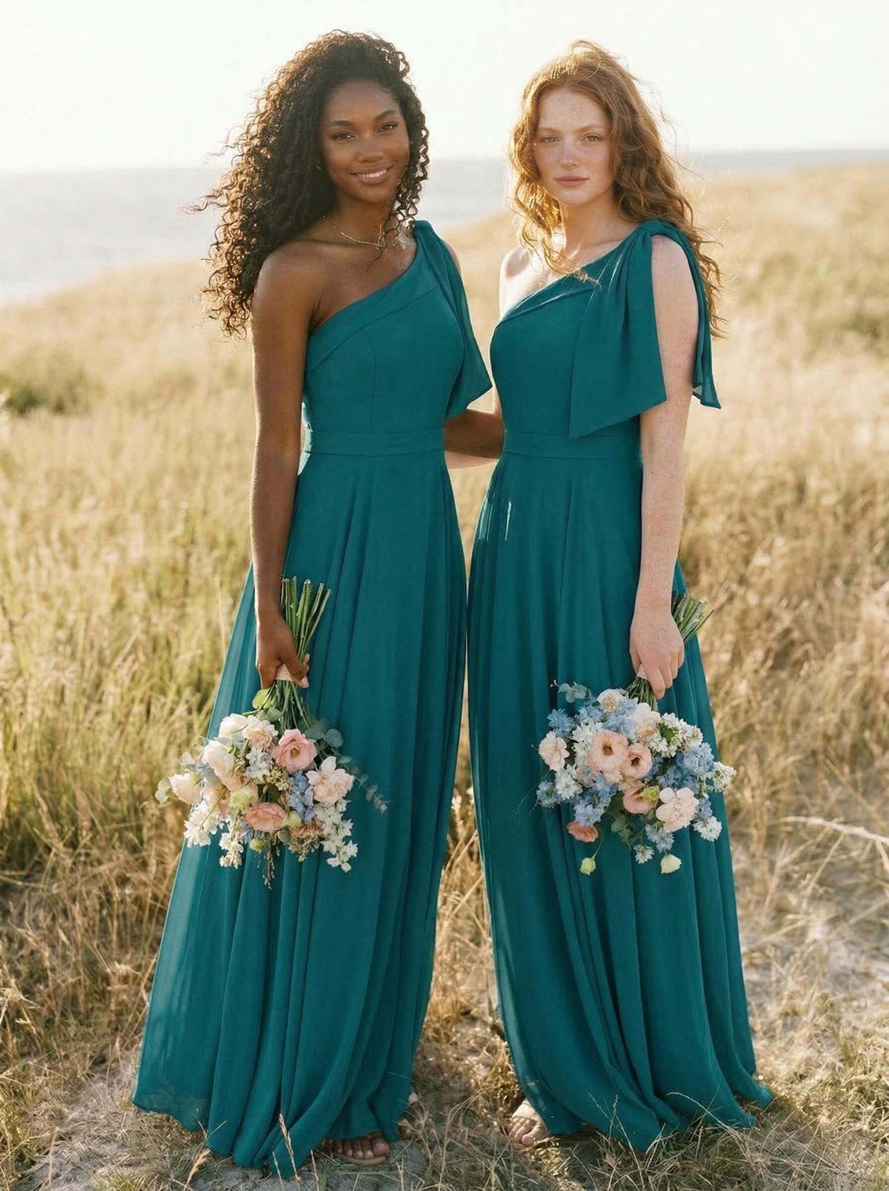 A-Line One-Shoulder Sleeveless Floor-Length Chiffon Bridesmaid Dresses With Bow(s)/Pockets, product image 86