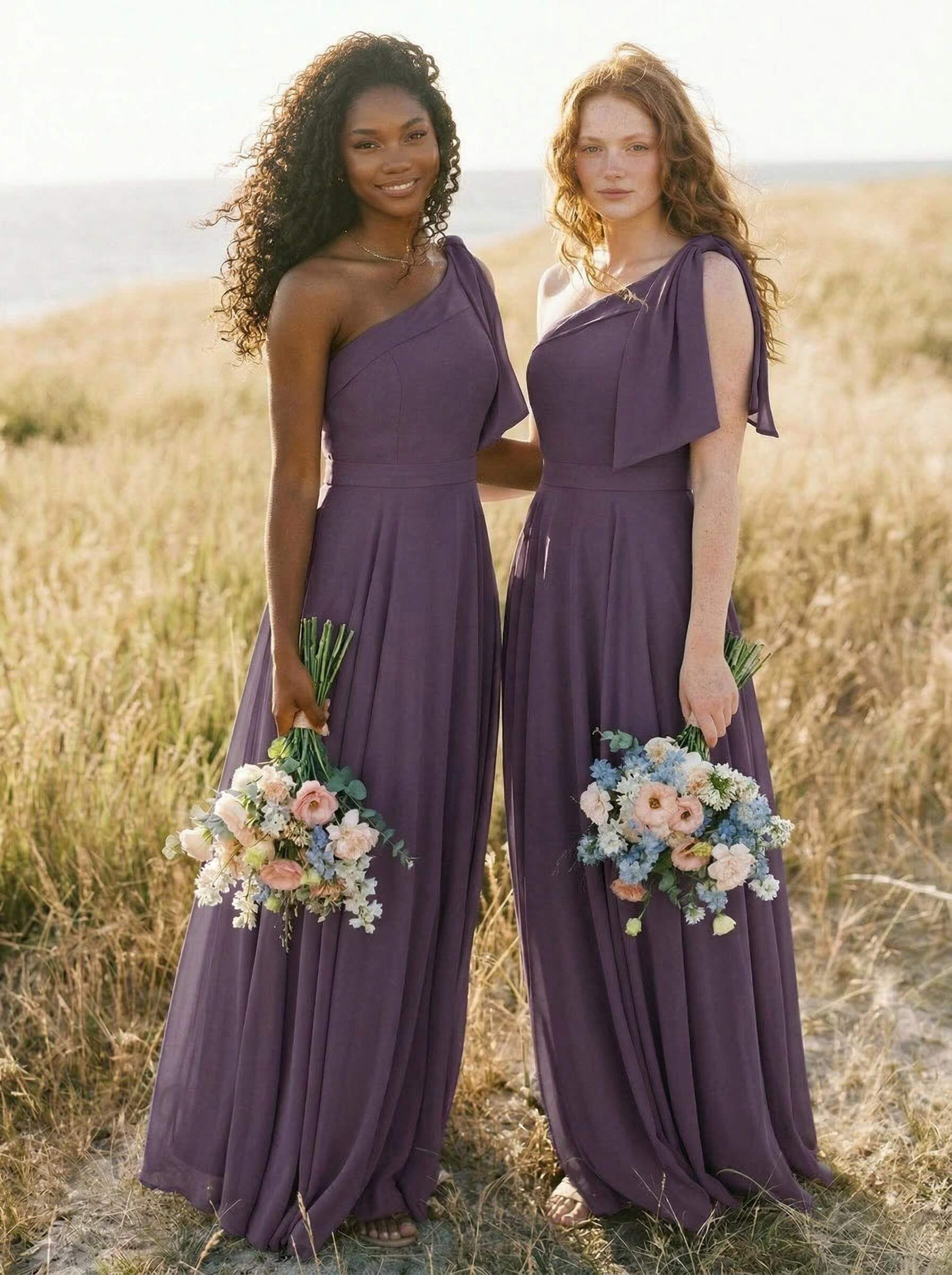 A-Line One-Shoulder Sleeveless Floor-Length Chiffon Bridesmaid Dresses With Bow(s)/Pockets, product image 70