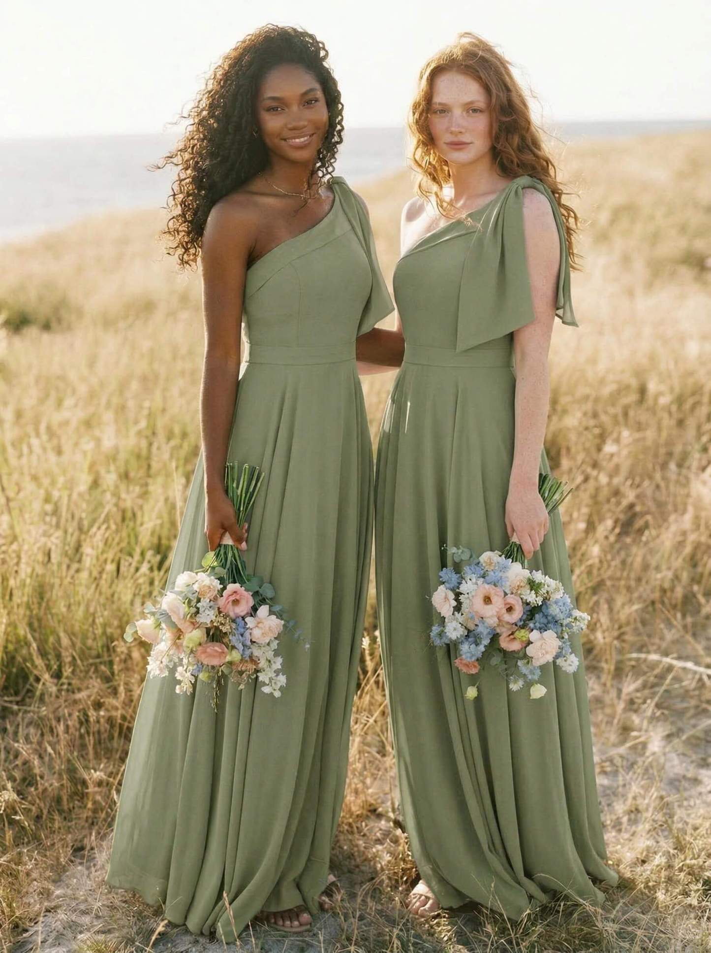 A-Line One-Shoulder Sleeveless Floor-Length Chiffon Bridesmaid Dresses With Bow(s)/Pockets, product image 122