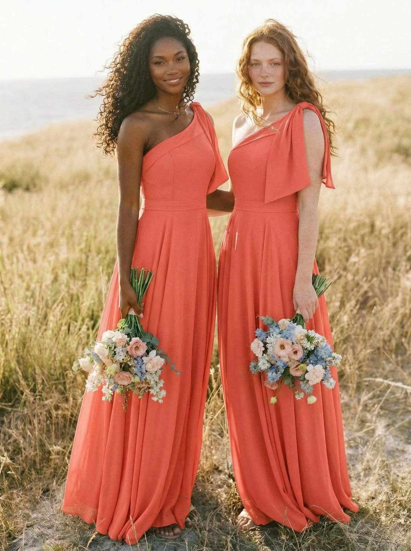 A-Line One-Shoulder Sleeveless Floor-Length Chiffon Bridesmaid Dresses With Bow(s)/Pockets, product image 108