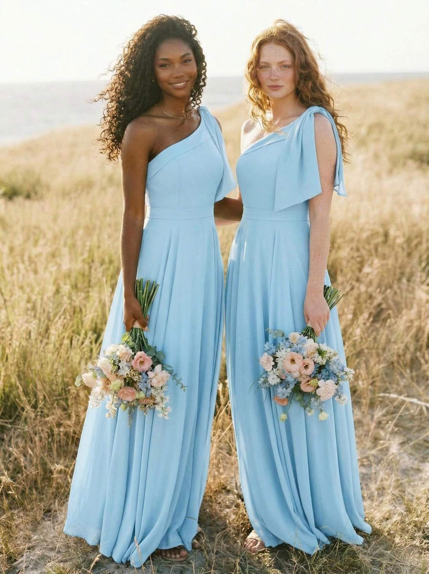 A-Line One-Shoulder Sleeveless Floor-Length Chiffon Bridesmaid Dresses With Bow(s)/Pockets, product image 24