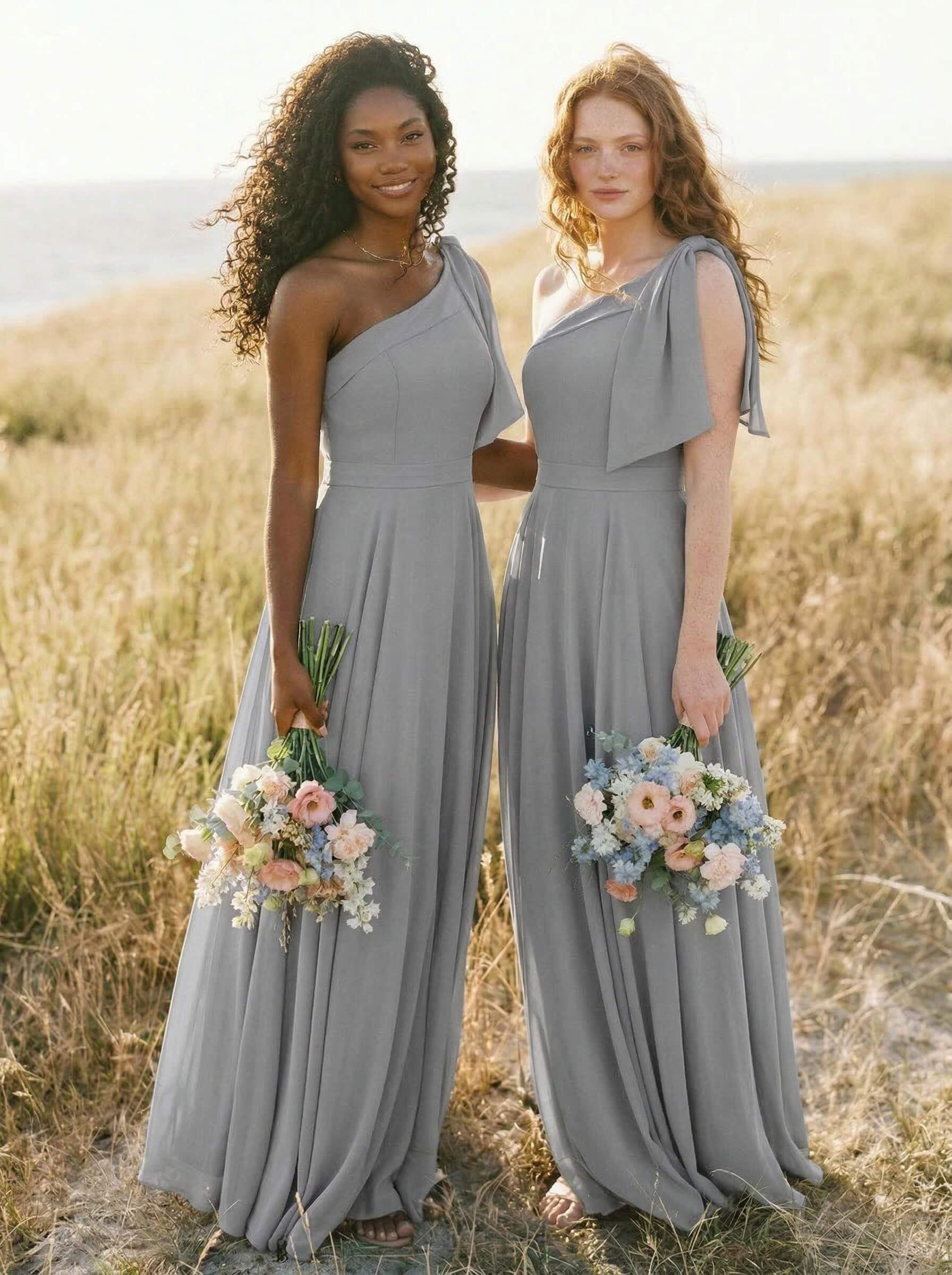 A-Line One-Shoulder Sleeveless Floor-Length Chiffon Bridesmaid Dresses With Bow(s)/Pockets, product image 116