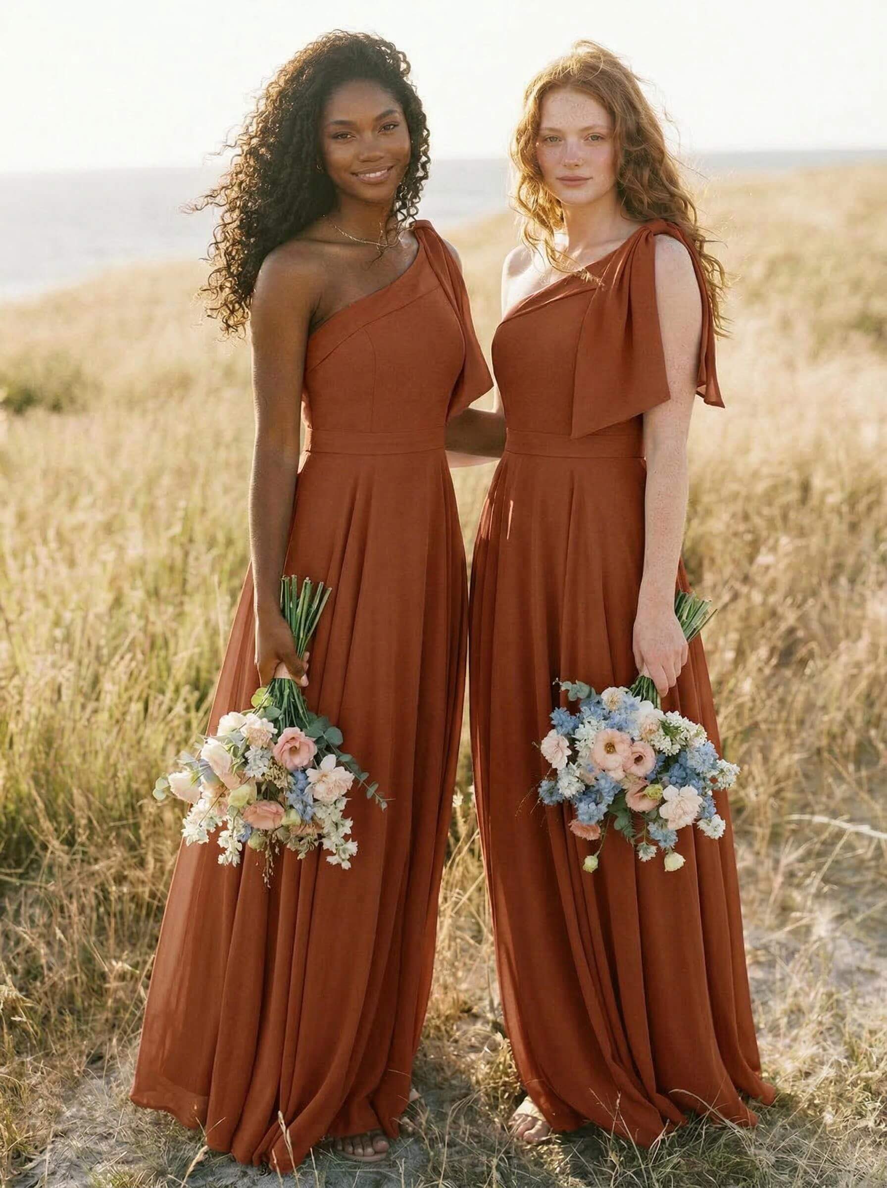 A-Line One-Shoulder Sleeveless Floor-Length Chiffon Bridesmaid Dresses With Bow(s)/Pockets, product image 136