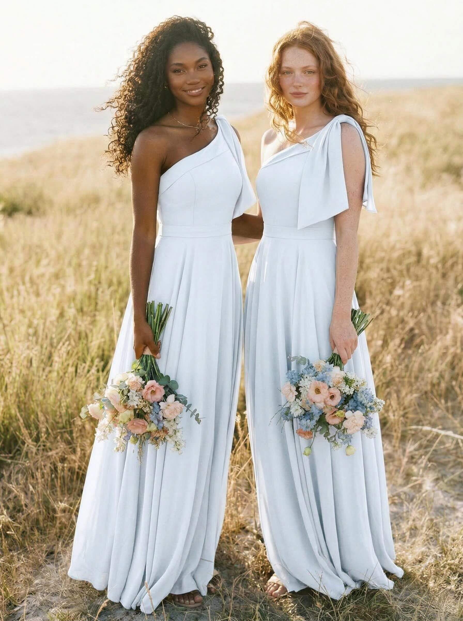A-Line One-Shoulder Sleeveless Floor-Length Chiffon Bridesmaid Dresses With Bow(s)/Pockets, product image 114