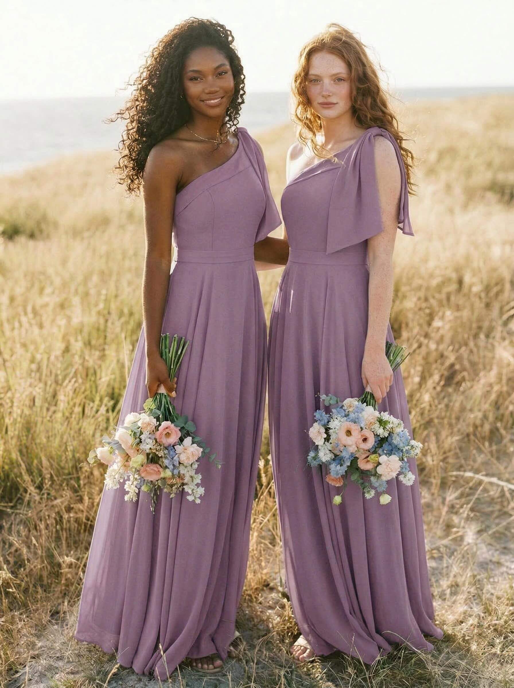 A-Line One-Shoulder Sleeveless Floor-Length Chiffon Bridesmaid Dresses With Bow(s)/Pockets, product image 58