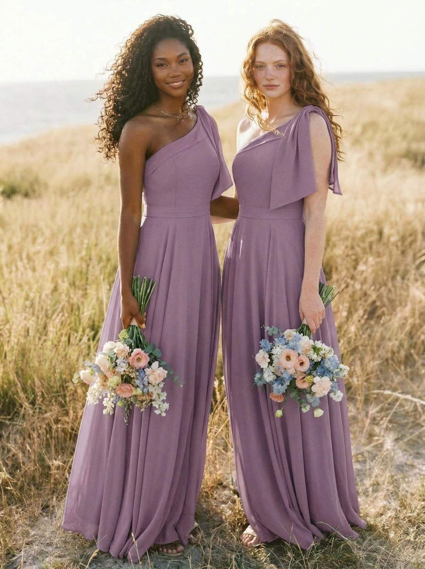 A-Line One-Shoulder Sleeveless Floor-Length Chiffon Bridesmaid Dresses With Bow(s)/Pockets, product image 58
