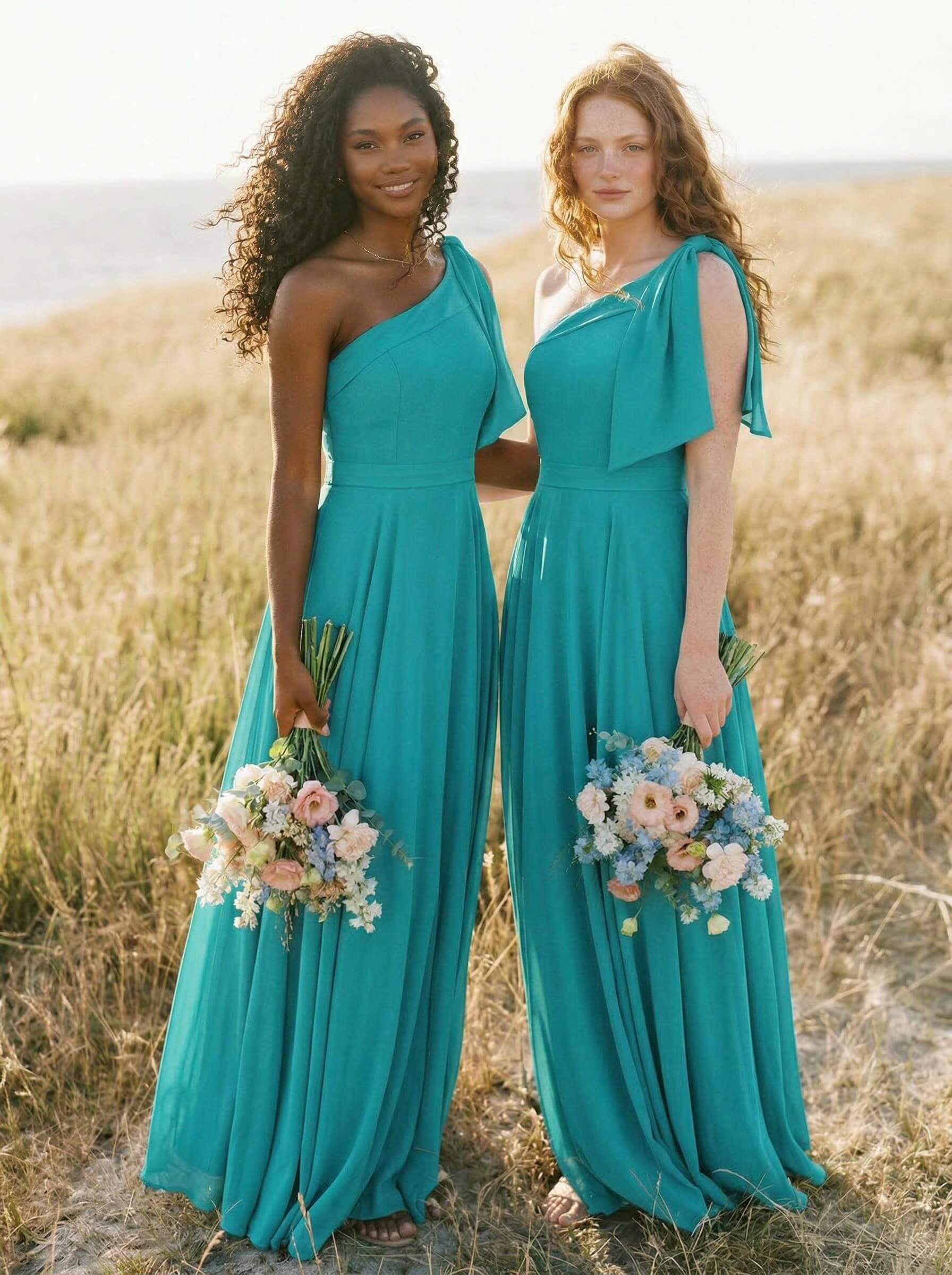 A-Line One-Shoulder Sleeveless Floor-Length Chiffon Bridesmaid Dresses With Bow(s)/Pockets, product image 138
