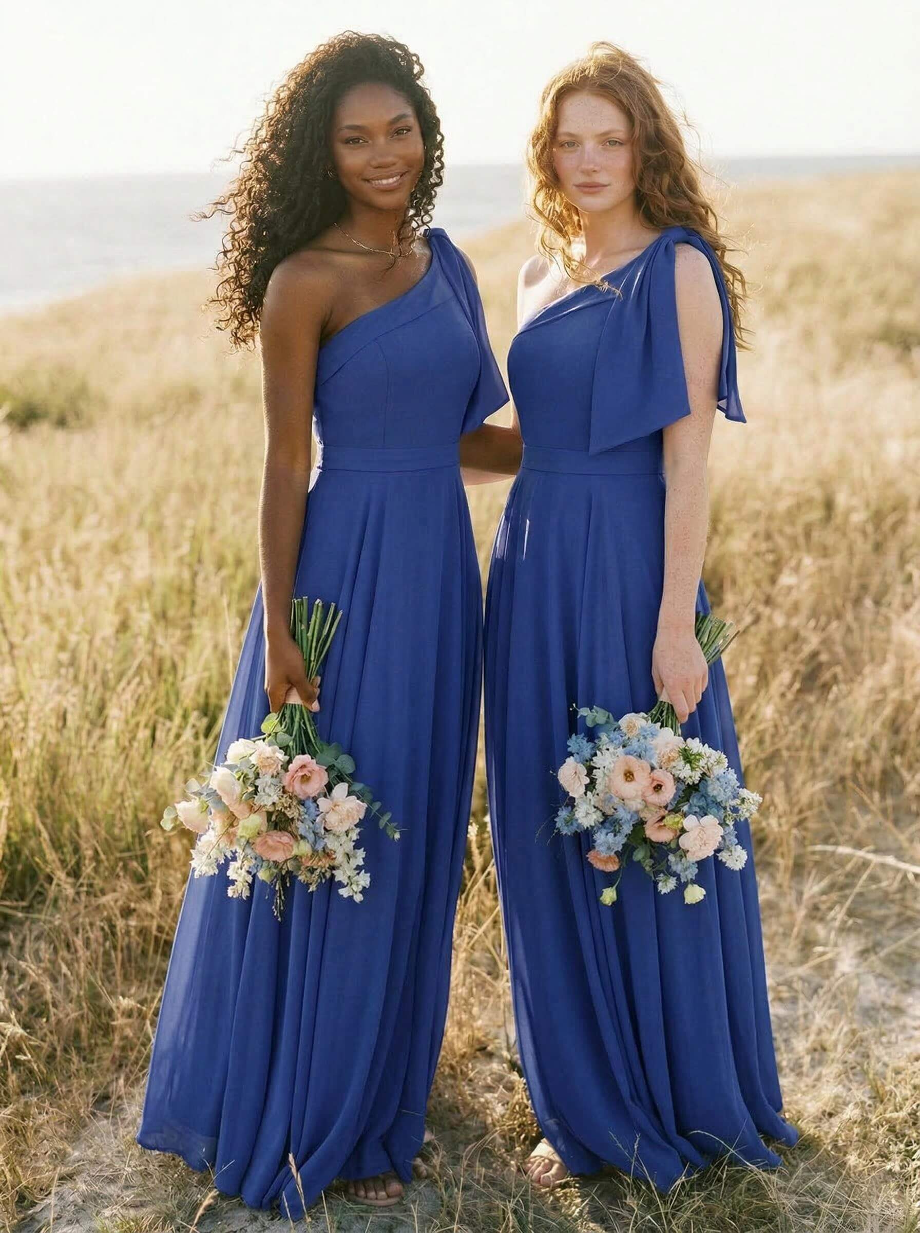 A-Line One-Shoulder Sleeveless Floor-Length Chiffon Bridesmaid Dresses With Bow(s)/Pockets, product image 16