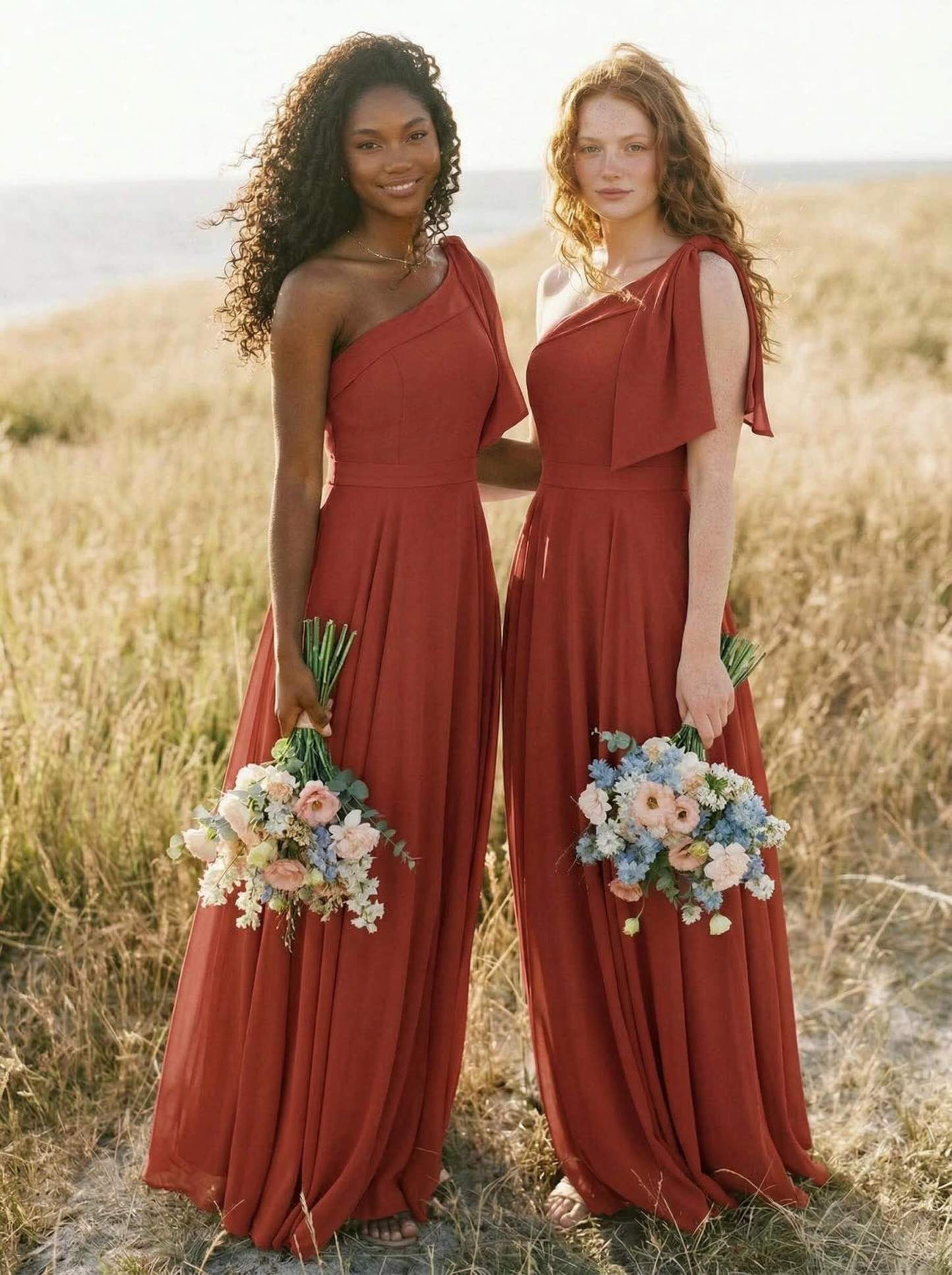 A-Line One-Shoulder Sleeveless Floor-Length Chiffon Bridesmaid Dresses With Bow(s)/Pockets, product image 38