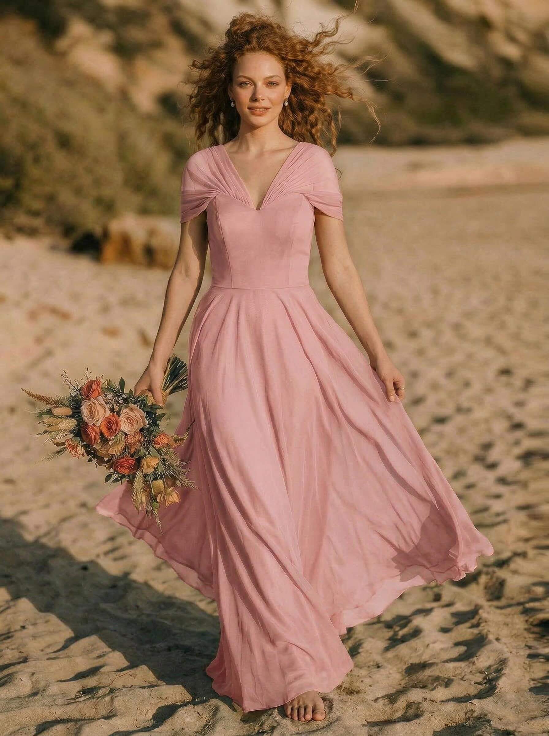 Elegant A-Line V-Neck Sleeveless Floor-Length Chiffon Bridesmaid Dresses, product image 24