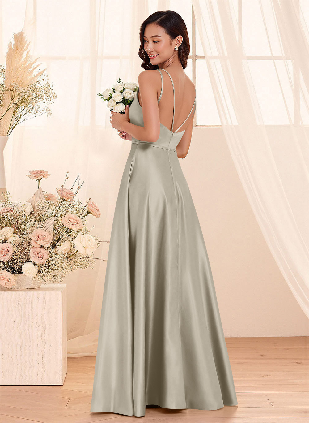 Classic Scoop Neck A-Line Floor-Length Satin Bridesmaid Dresses, product image 23