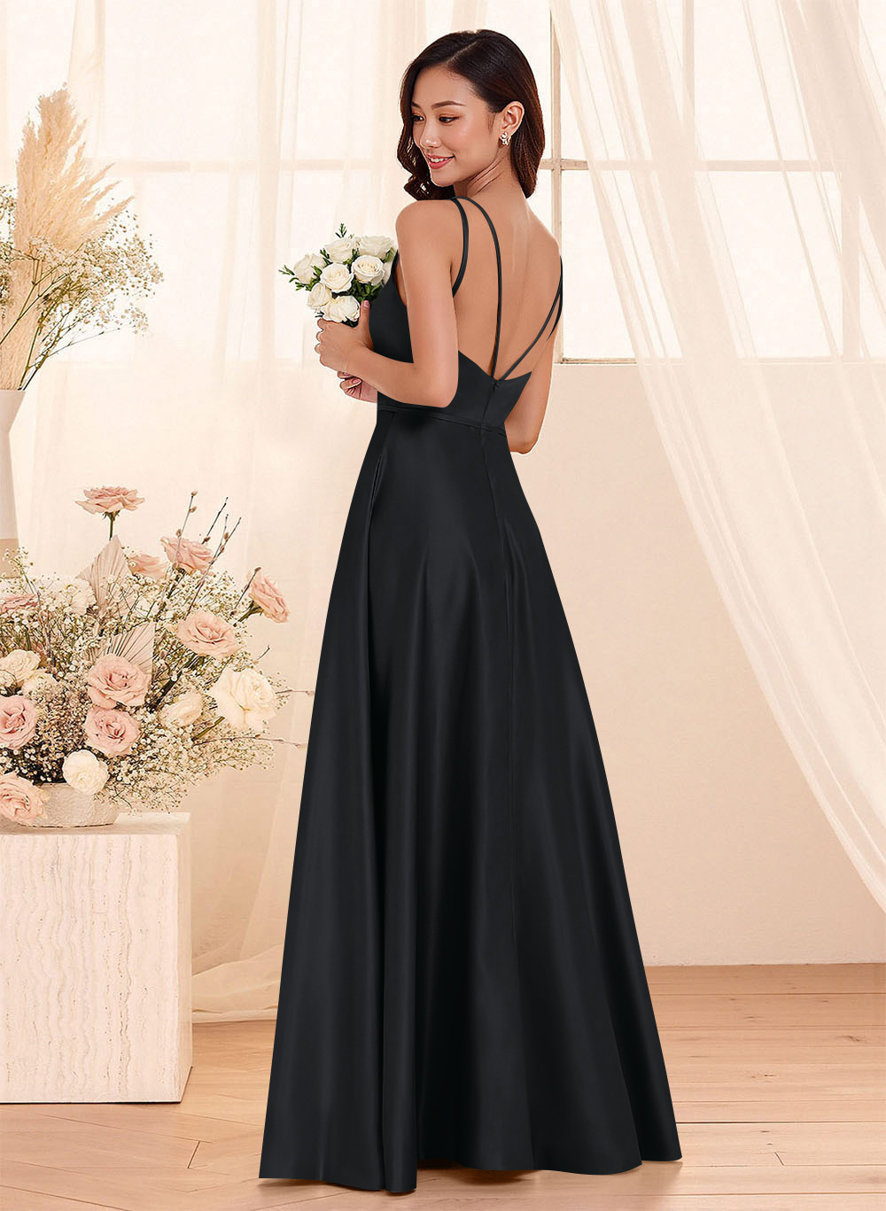Classic Scoop Neck A-Line Floor-Length Satin Bridesmaid Dresses, product image 31