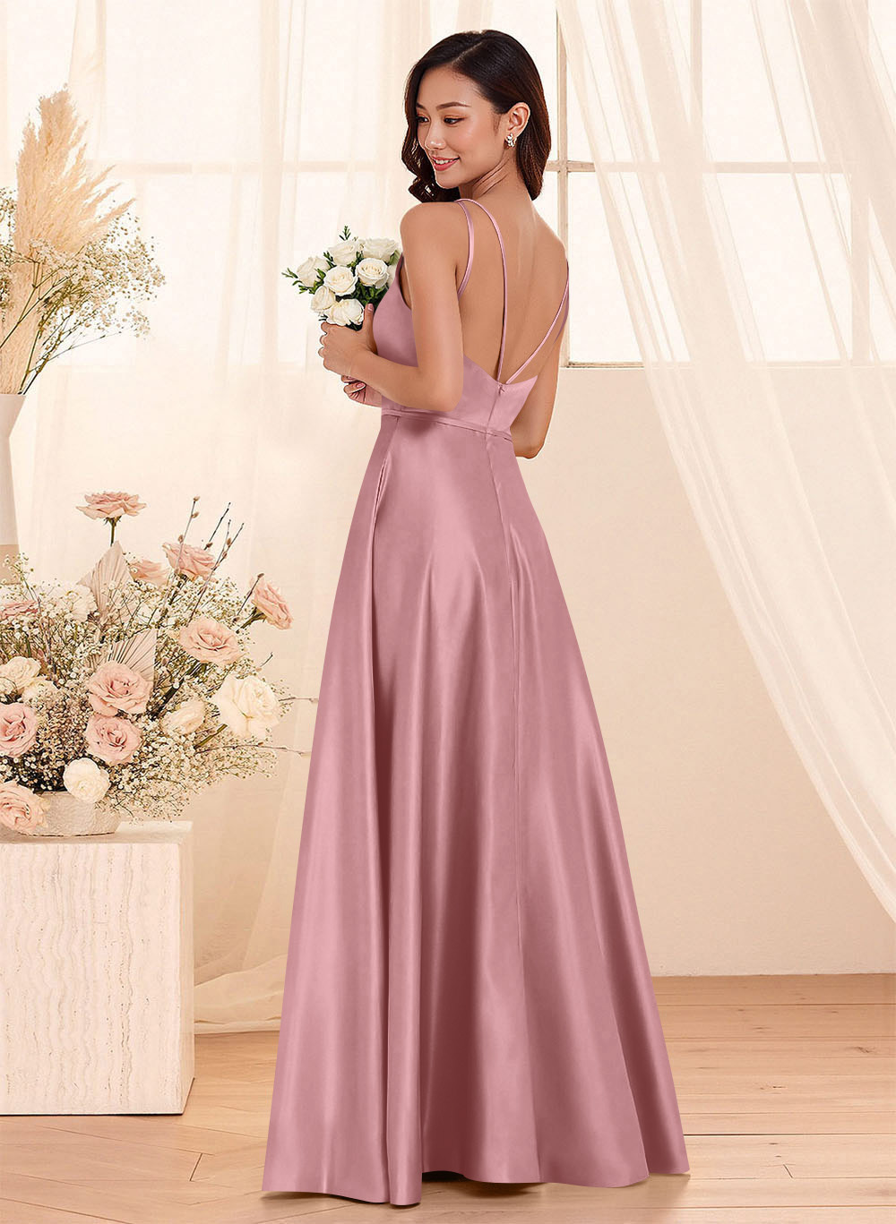 Classic Scoop Neck A-Line Floor-Length Satin Bridesmaid Dresses, product image 101