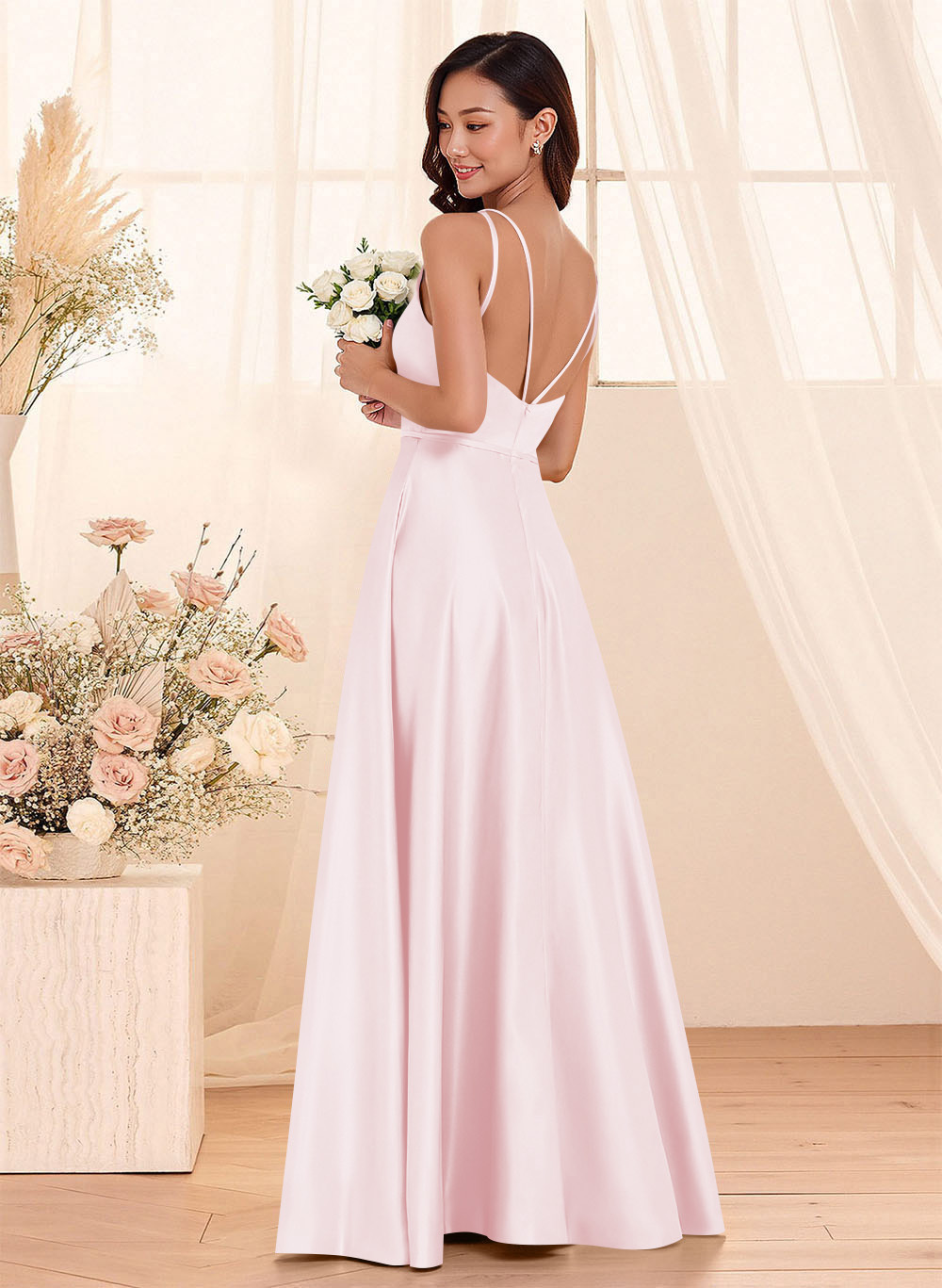 Classic Scoop Neck A-Line Floor-Length Satin Bridesmaid Dresses, product image 95