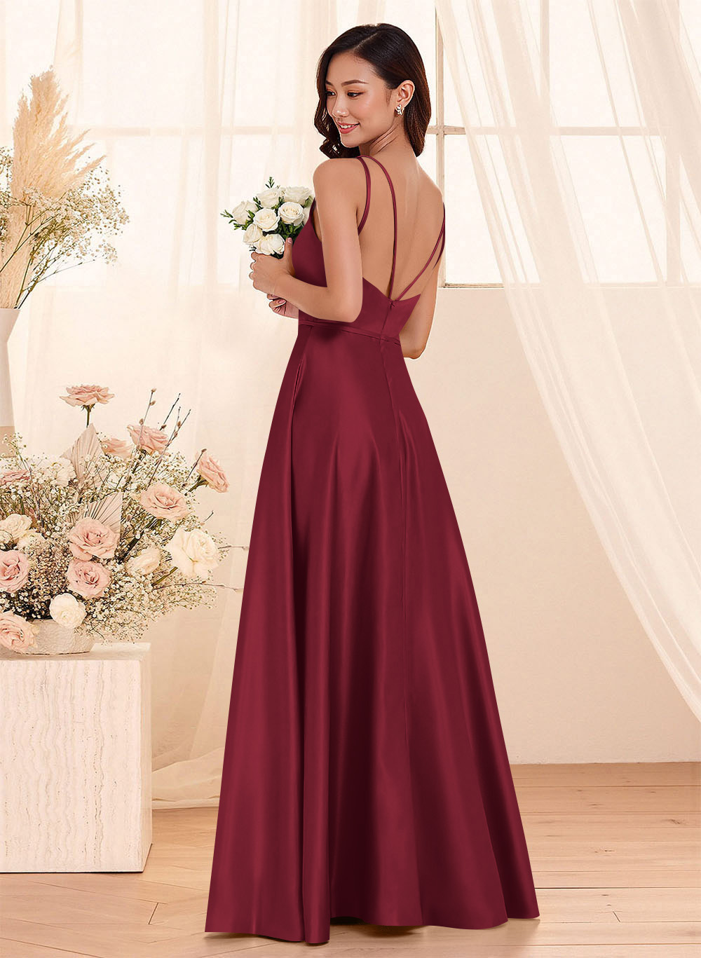 Classic Scoop Neck A-Line Floor-Length Satin Bridesmaid Dresses, product image 117