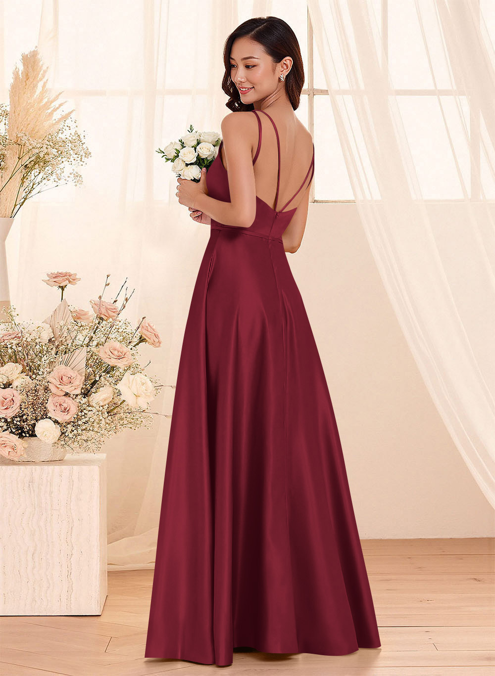 Classic Scoop Neck A-Line Floor-Length Satin Bridesmaid Dresses, product image 117