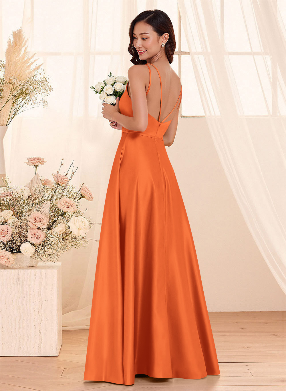 Classic Scoop Neck A-Line Floor-Length Satin Bridesmaid Dresses, product image 17